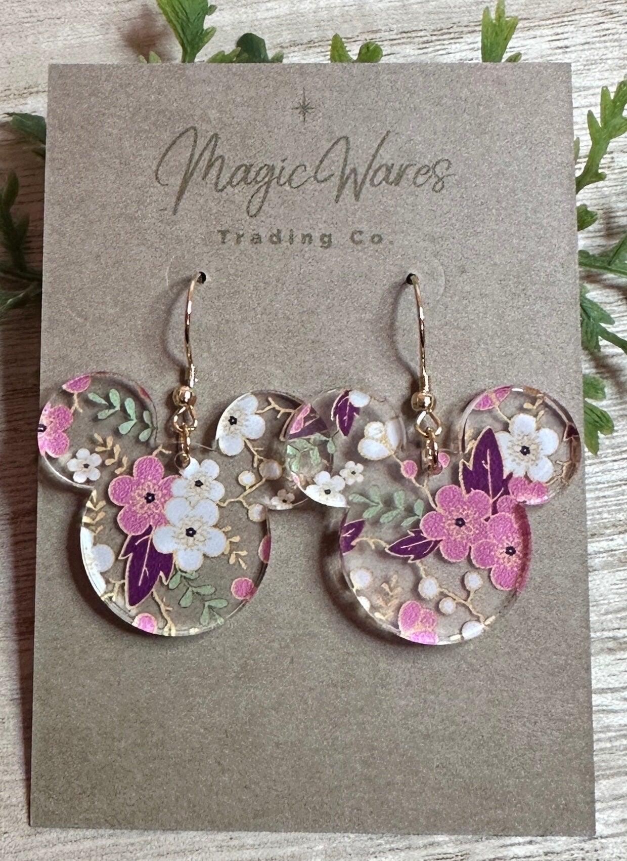 Cherry Blossom Mouse, Laser Cut, Pink and White Floral Crystal Acrylic Earrings, Dangle Earrings, Made to order, Glowforge Earrings