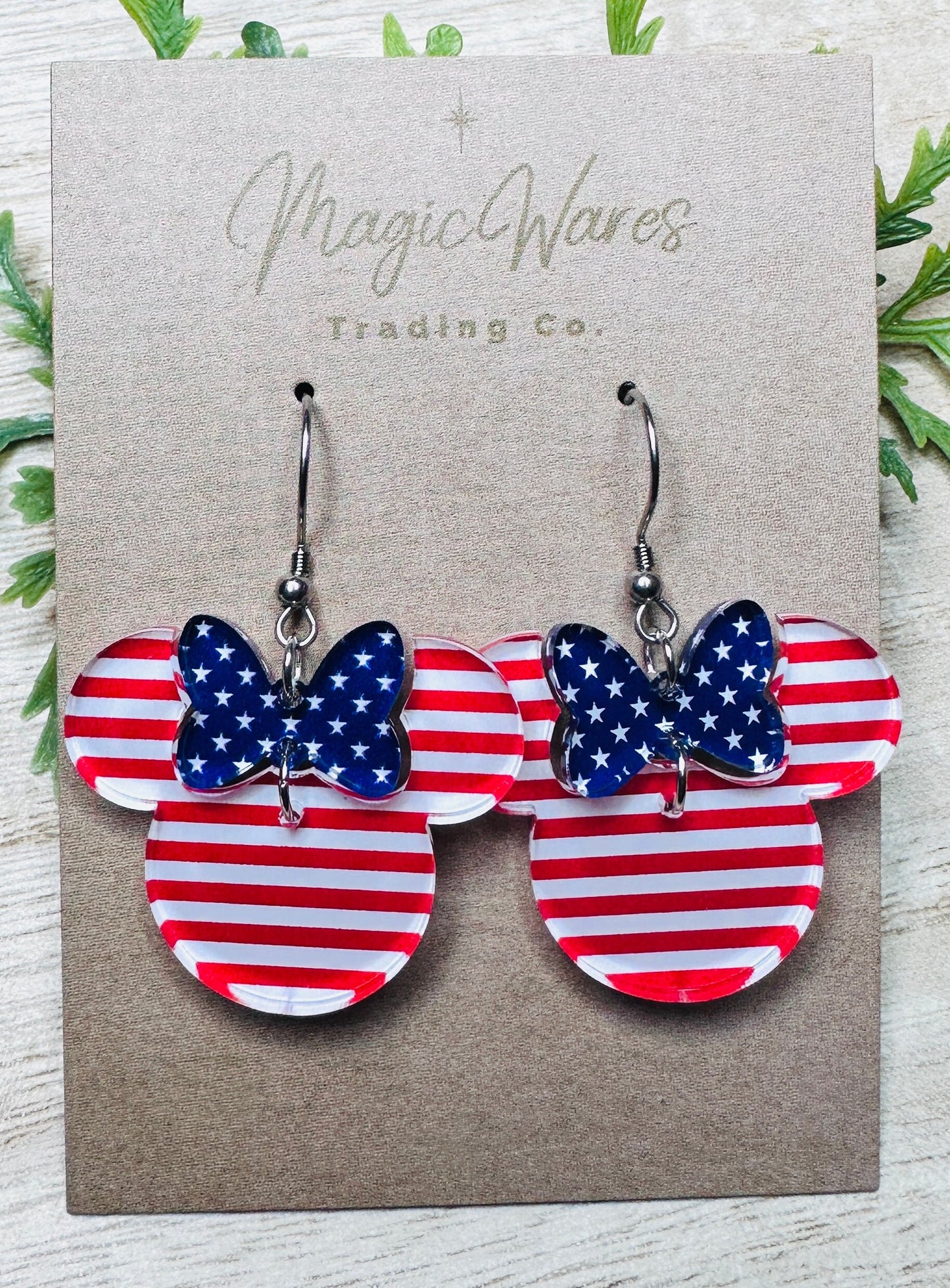 Stars and Stripes, Minnie Bow Dangle, Laser cut Pattern Acrylic Earrings, Made to order, handmade earrings, Glowforge Earrings