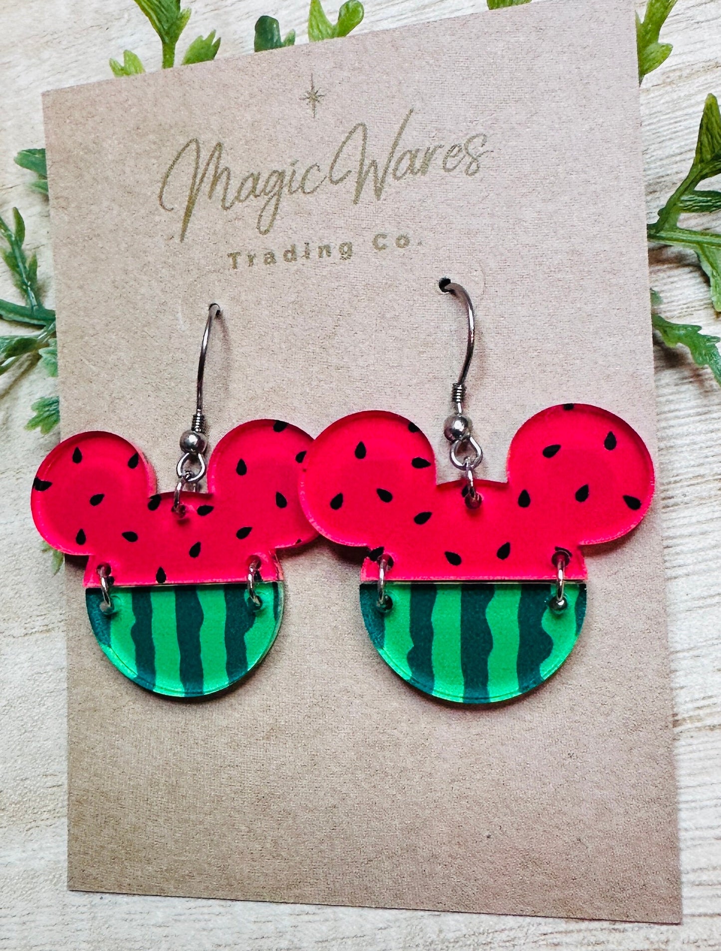 Watermelon Mouse 2 Part Mouse head shaped Watermelon Patterned Crystal Acrylic Earrings Summer earrings