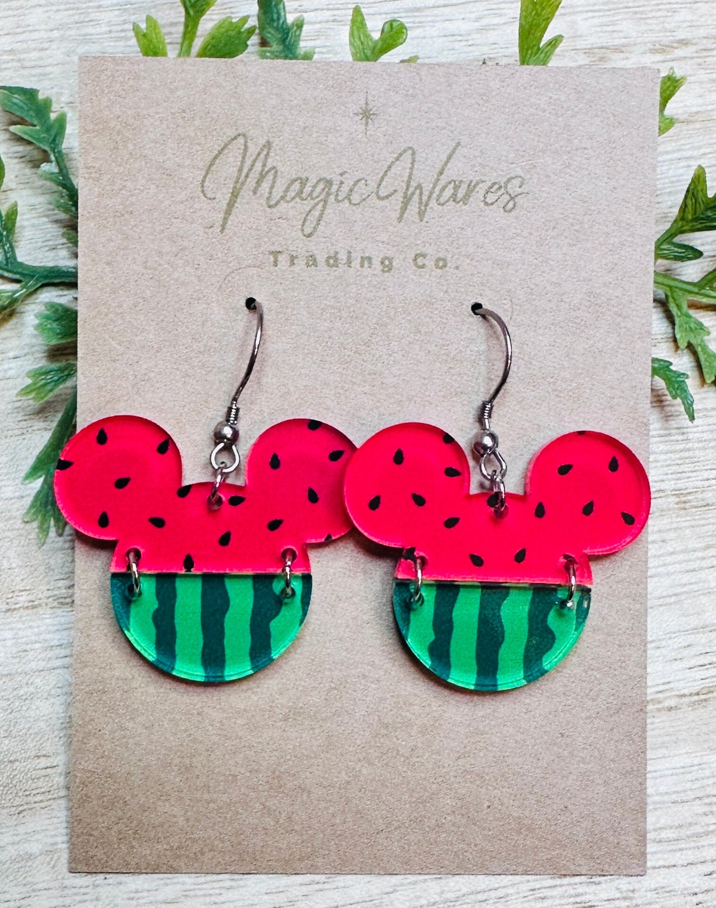 Watermelon Mouse 2 Part Mouse head shaped Watermelon Patterned Crystal Acrylic Earrings Summer earrings