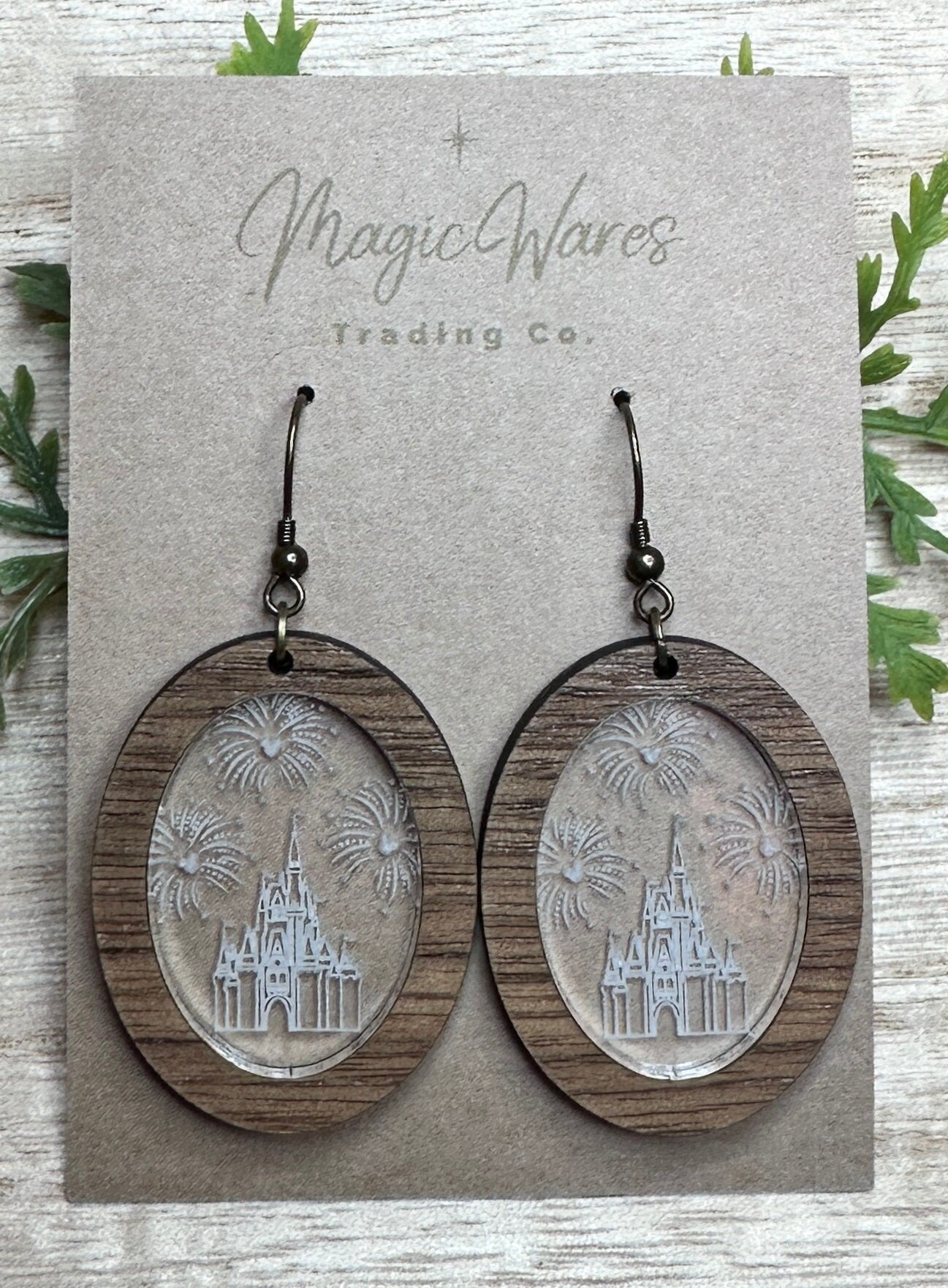 Cinderella Castle, Oval Laser Cut Walnut and Engraved Acrylic Dangle Earrings, Magic Kingdom inspired Cinderella Castle Earrings