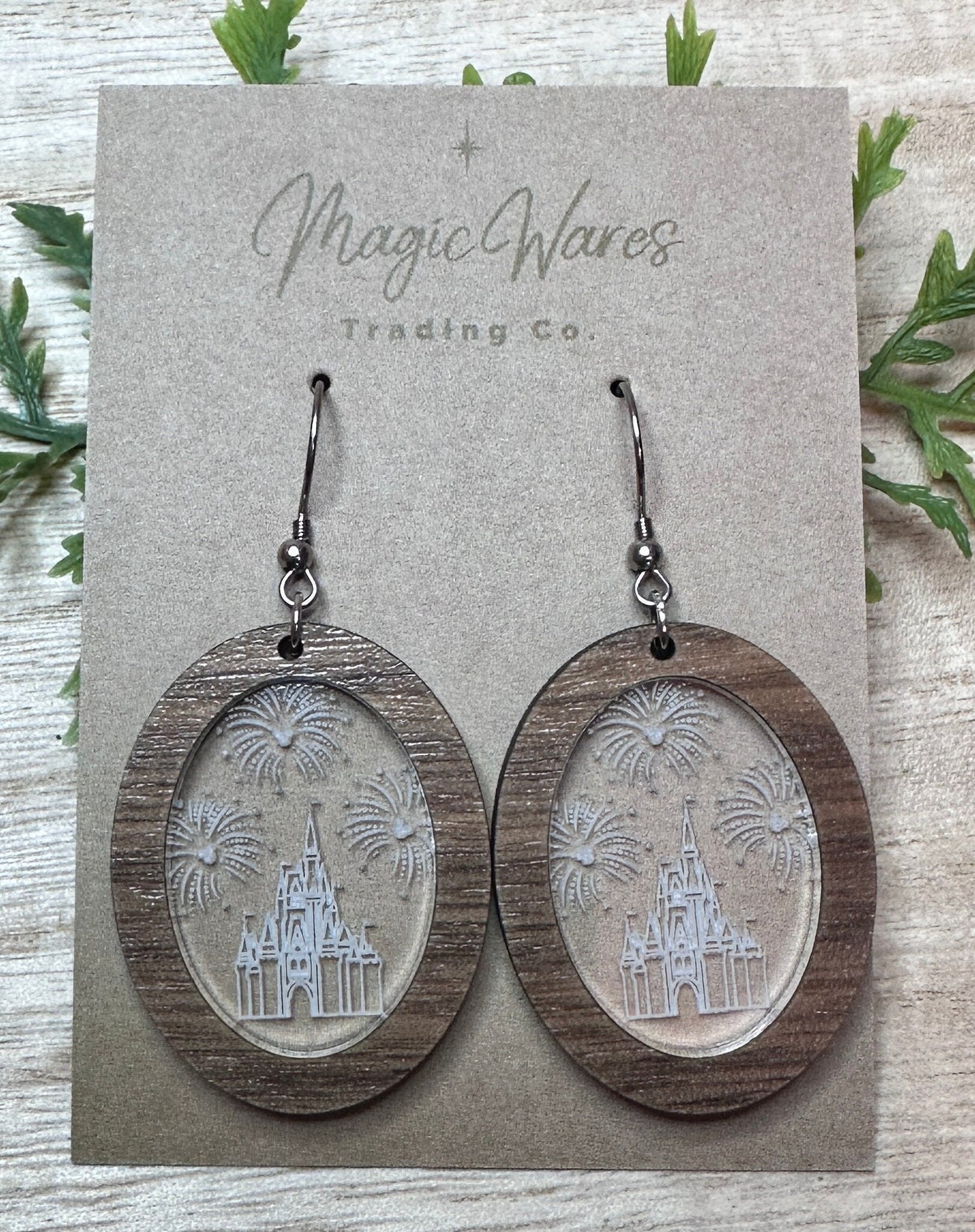 Cinderella Castle, Oval Laser Cut Walnut and Engraved Acrylic Dangle Earrings, Magic Kingdom inspired Cinderella Castle Earrings
