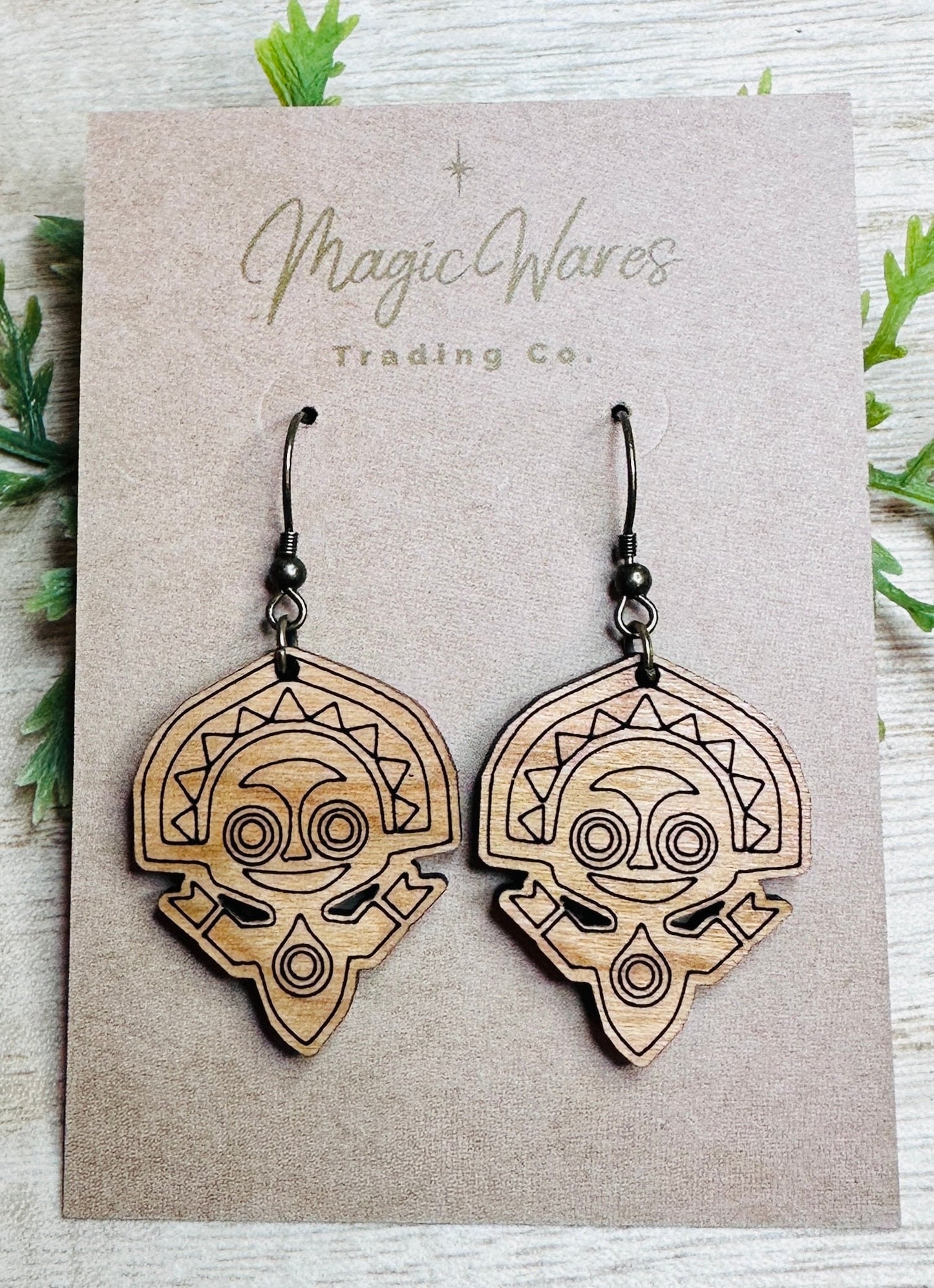 Poly Tiki, Laser Cut and Engraved Cherry Hardwood, Dangle Earrings, Stained wood earrings, Made to order