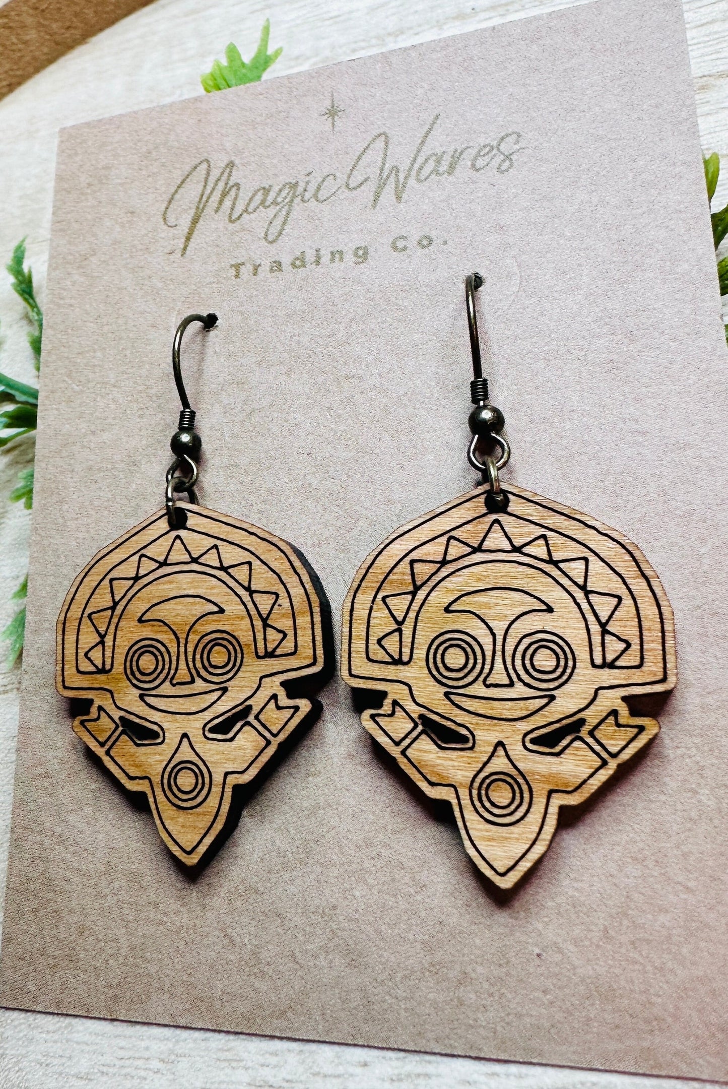 Poly Tiki, Laser Cut and Engraved Cherry Hardwood, Dangle Earrings, Stained wood earrings, Made to order
