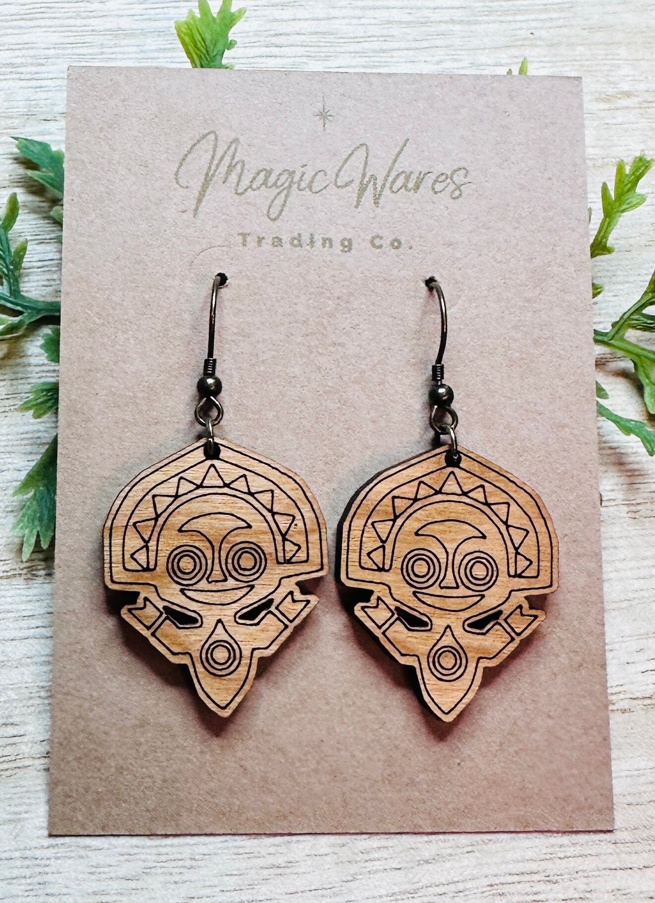 Poly Tiki, Laser Cut and Engraved Cherry Hardwood, Dangle Earrings, Stained wood earrings, Made to order