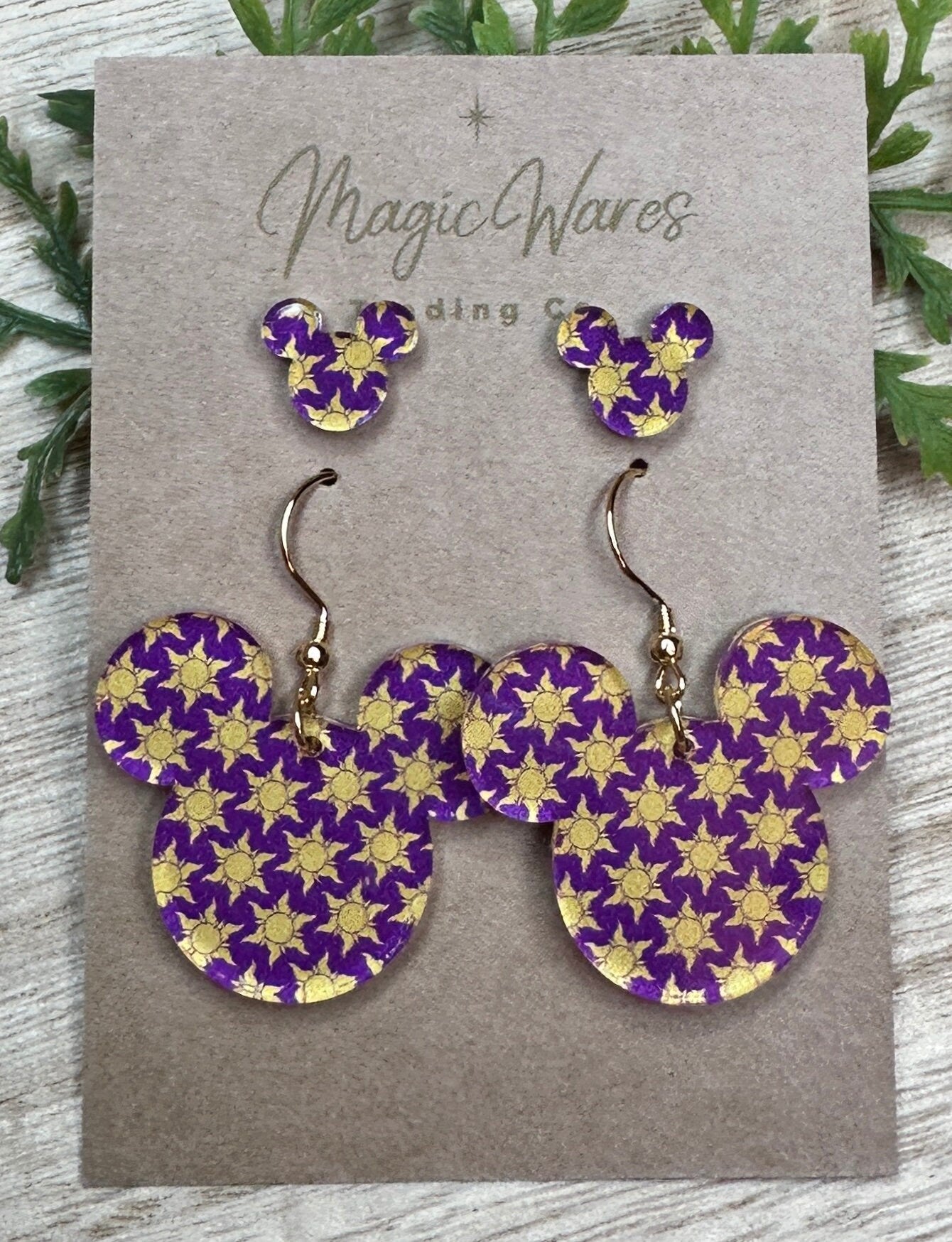 Mom and Me, Lost Princess, Stud and Dangle Laser cut Purple with Yellow Sun Pattern Acrylic Earring set, Dangle Earring and Child size stud