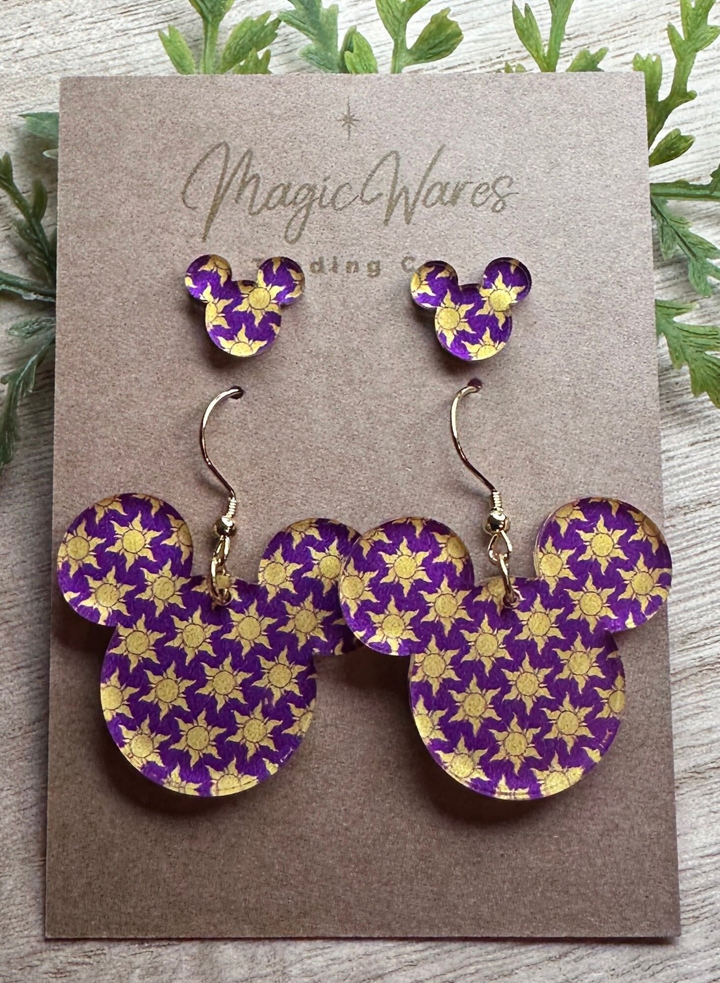 Mom and Me, Lost Princess, Stud and Dangle Laser cut Purple with Yellow Sun Pattern Acrylic Earring set, Dangle Earring and Child size stud