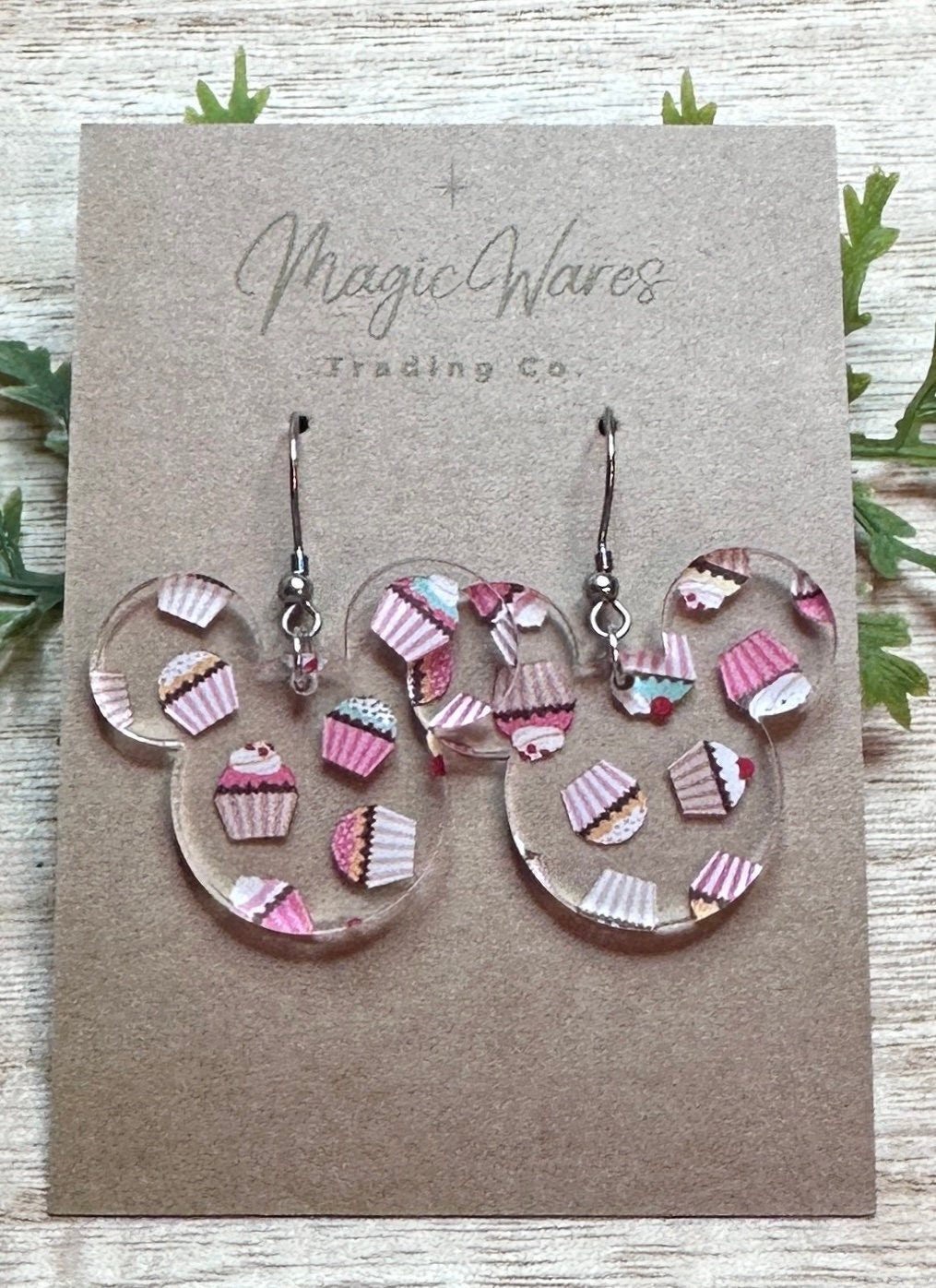 Cupcake Mouse, Laser Cut Dangle Earrings , Cupcake patterned Crystal Acrylic Earrings, Dangle Earrings, Made to order, Birthday Earrings
