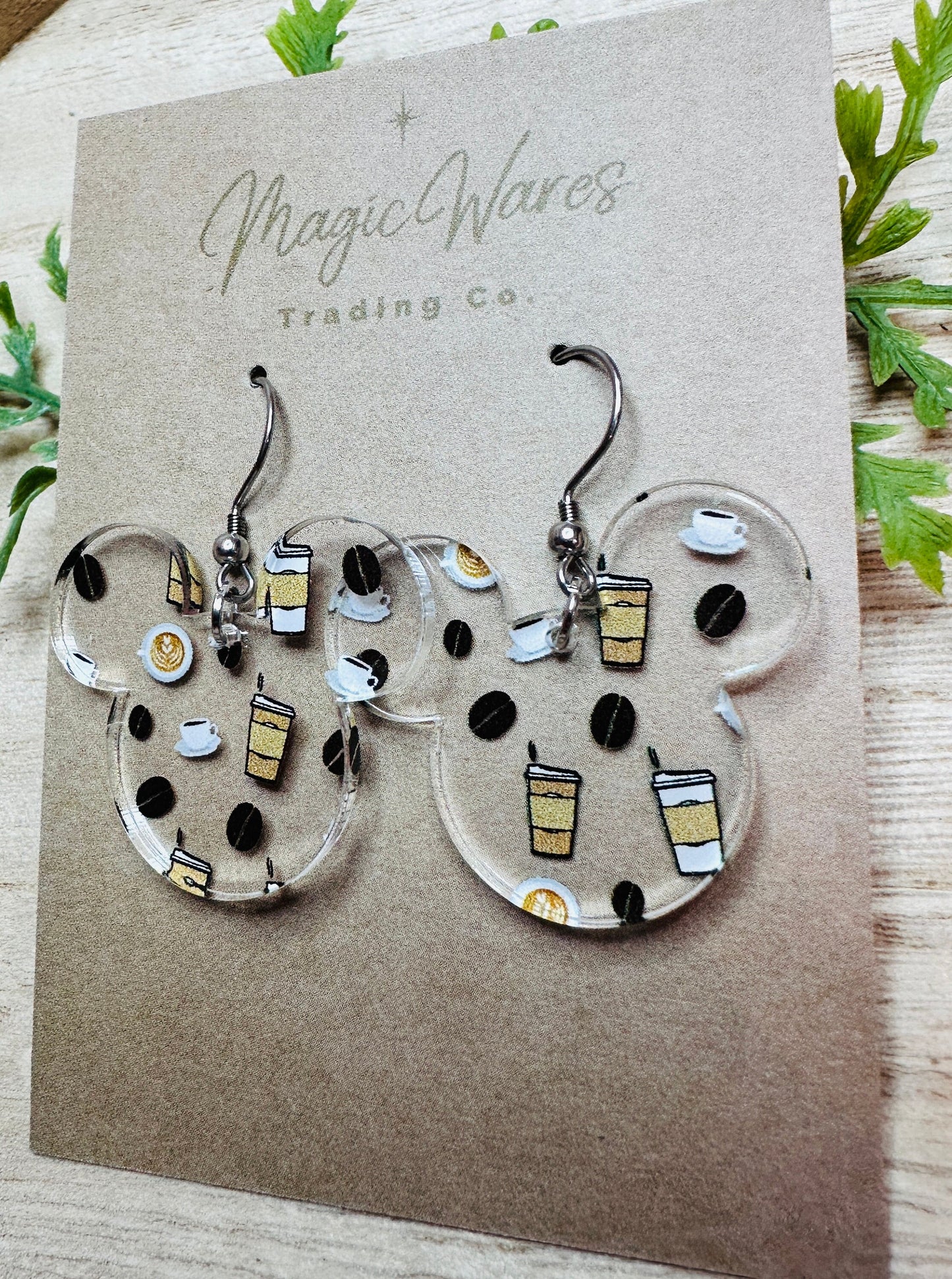 Main Street Coffee Mouse, Laser Cut Dangle Earrings , Coffee patterned Crystal Acrylic Earrings, Dangle Earrings, Coffee earrings