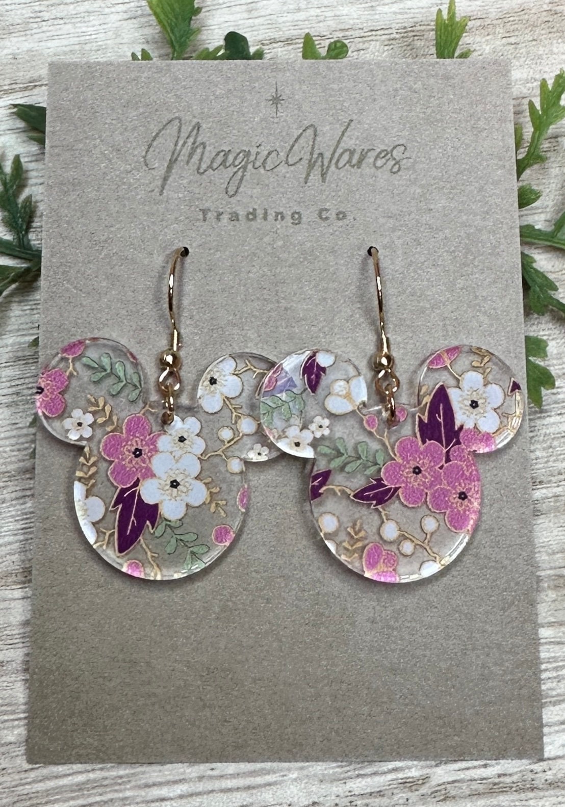 Cherry Blossom Mouse, Laser Cut, Pink and White Floral Crystal Acrylic Earrings, Dangle Earrings, Made to order, Glowforge Earrings