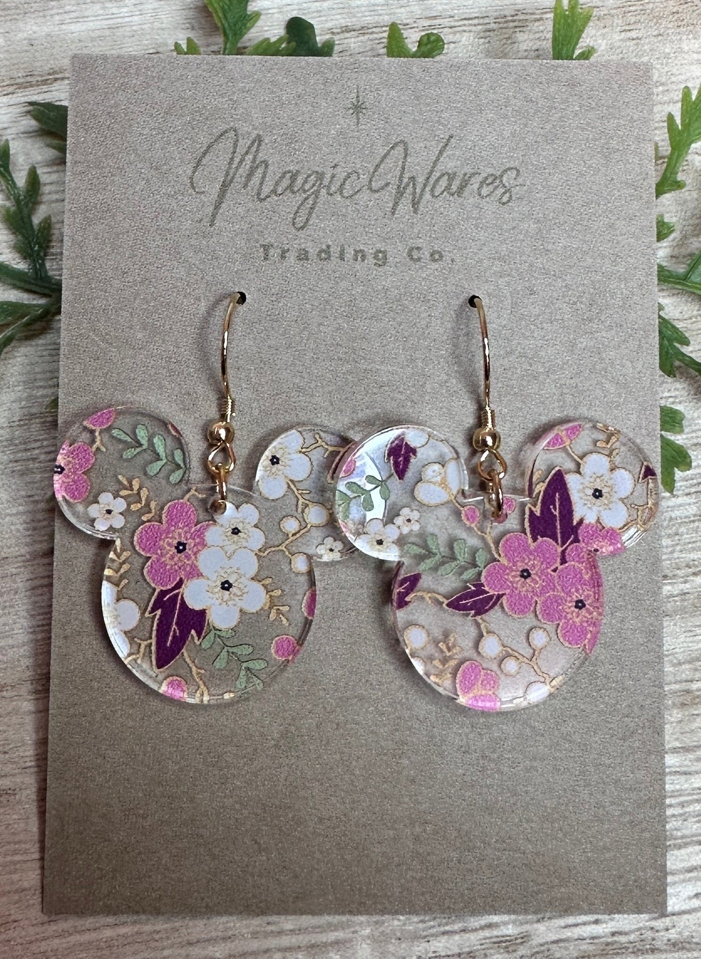 Cherry Blossom Mouse, Laser Cut, Pink and White Floral Crystal Acrylic Earrings, Dangle Earrings, Made to order, Glowforge Earrings