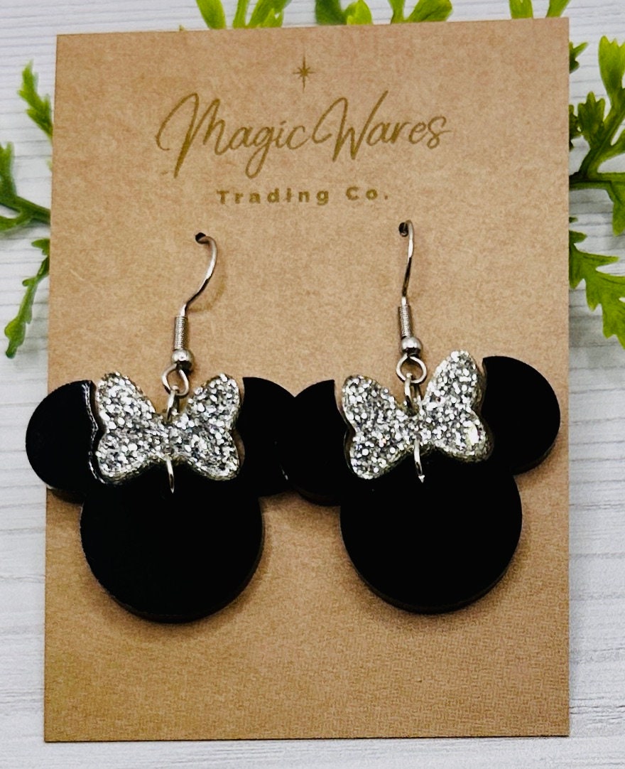 Platinum Glitter Minnie, Silver Glitter Bow Dangle, Laser cut Black Acrylic Earrings, handmade earrings, 100 year anniversary
