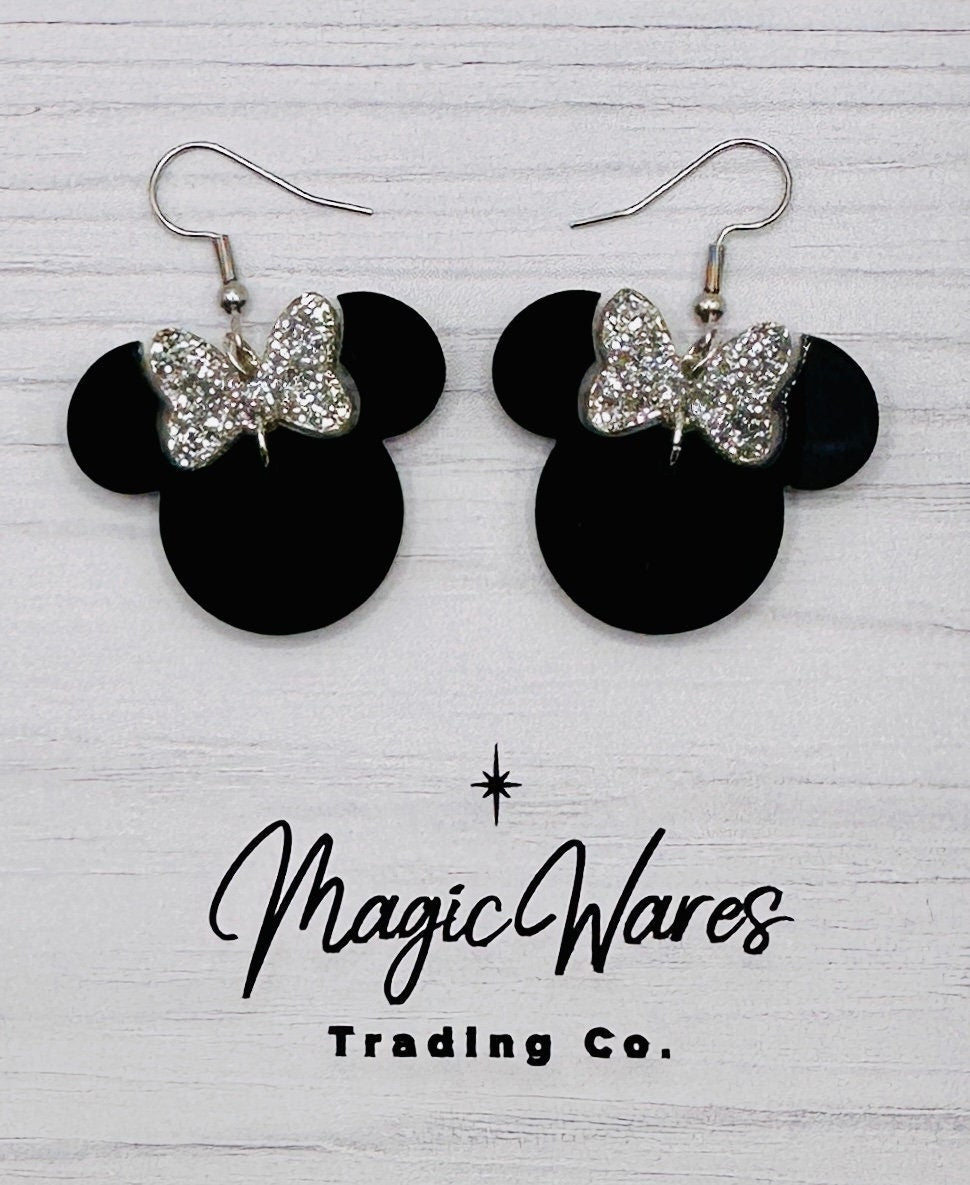 Platinum Glitter Minnie, Silver Glitter Bow Dangle, Laser cut Black Acrylic Earrings, handmade earrings, 100 year anniversary