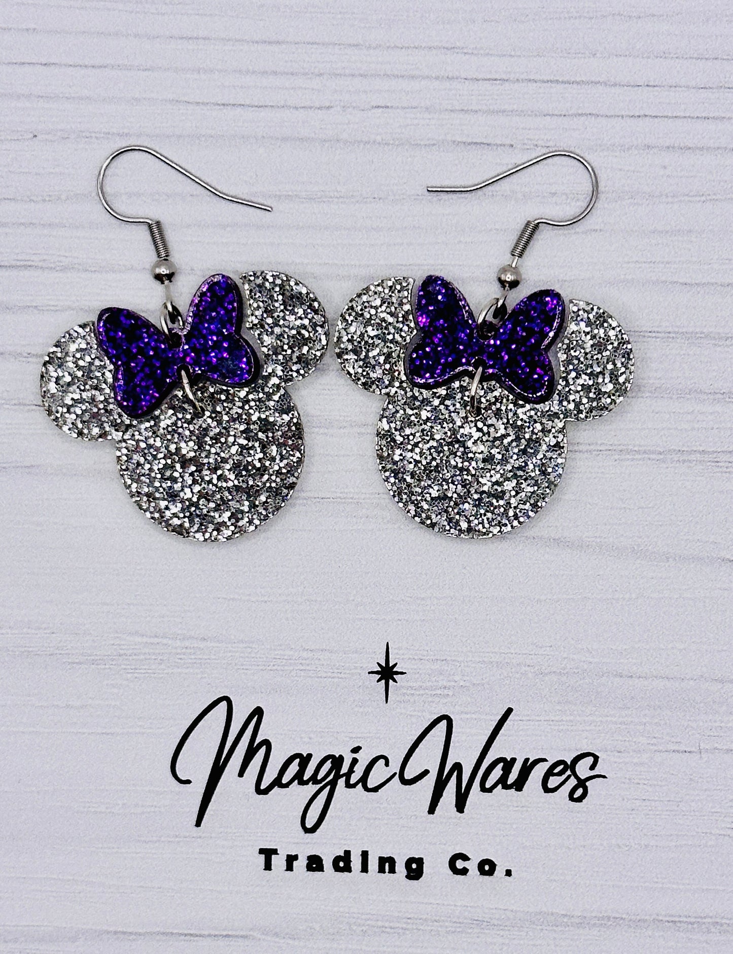 Purple and Platinum Minnie, Purple Glitter Bow Dangle Earrings, Laser cut Silver Glitter Acrylic Earrings, handmade, 100 year anniversary
