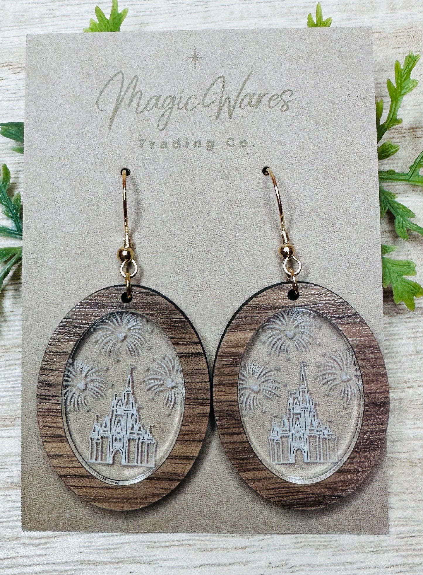 Cinderella Castle, Oval Laser Cut Walnut and Engraved Acrylic Dangle Earrings, Magic Kingdom inspired Cinderella Castle Earrings