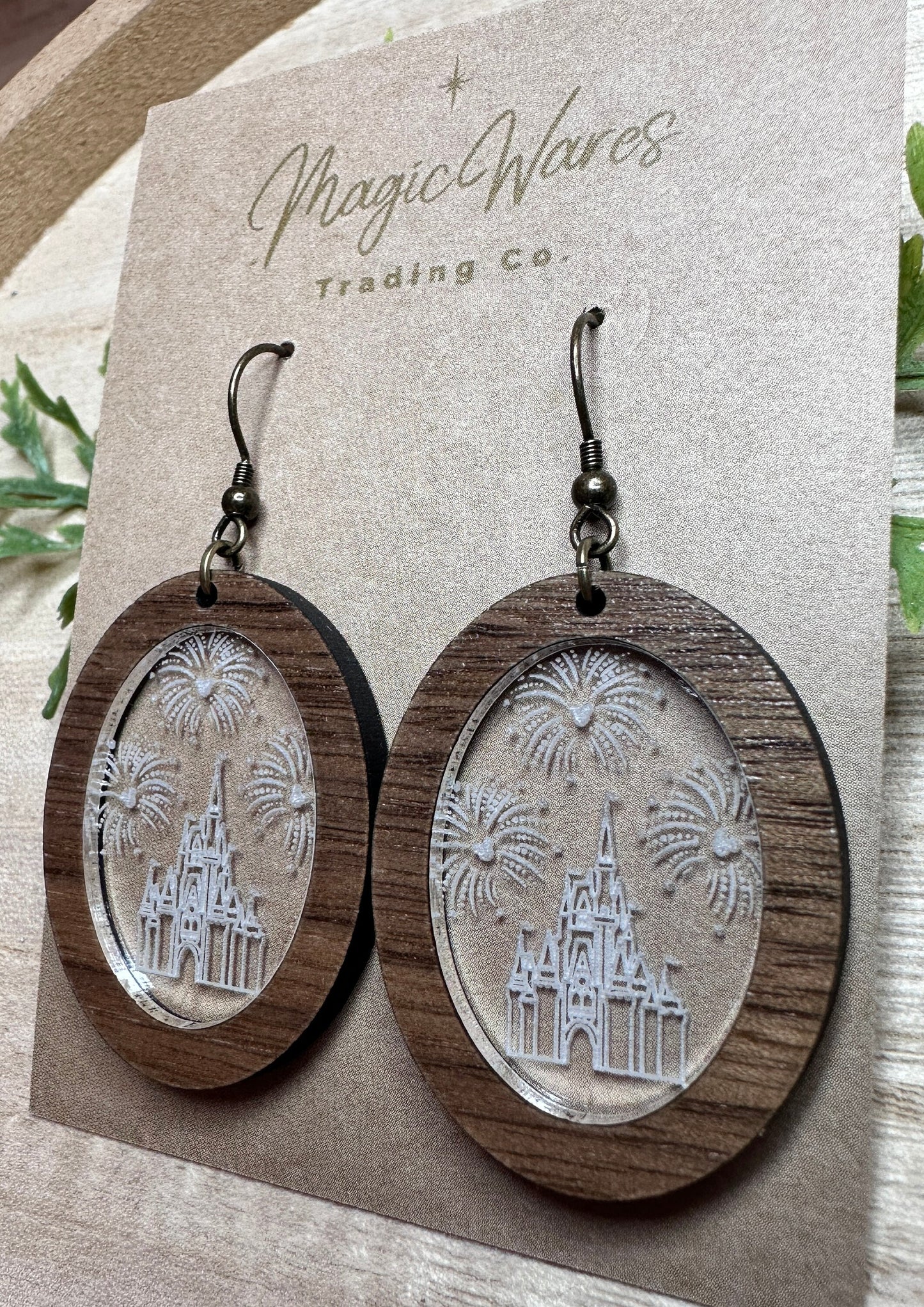 Cinderella Castle, Oval Laser Cut Walnut and Engraved Acrylic Dangle Earrings, Magic Kingdom inspired Cinderella Castle Earrings