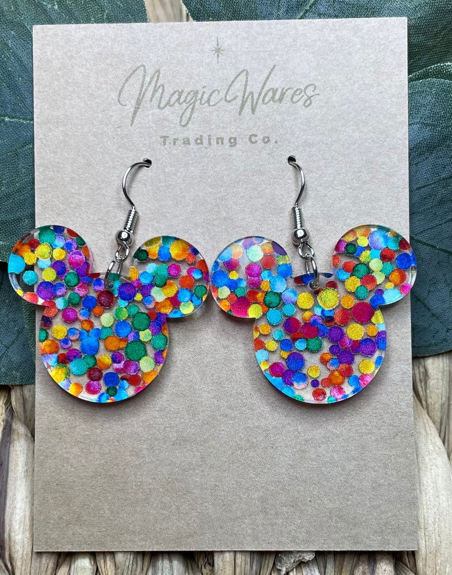 Adventure Mouse UP inspire Rainbow Dots Pattern Acrylic, Mouse head dangle earring UP Earrings