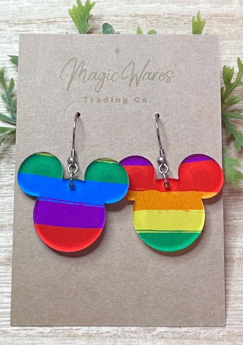 Pride Mouse, Laser cut dangle earrings, Rainbow Stripe Pattern Acrylic, Mouse head dangle earring