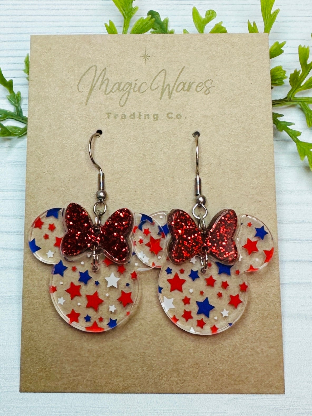 Patriotic Stars, Red Glitter Minnie Bow Dangle, Laser cut Stars Pattern Acrylic Earrings, Made to order, Fourth of July earrings
