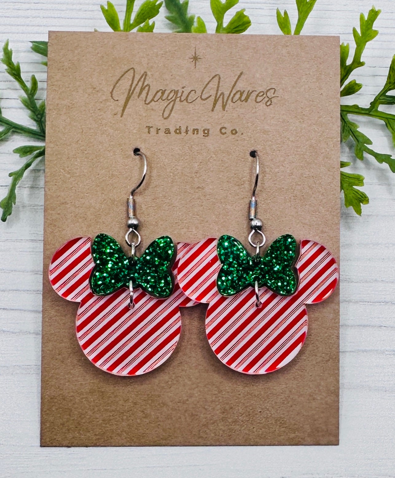Red Candy Stripe Glitter Minnie Bow Dangle, Laser cut Candy Cane Pattern Acrylic Earrings, very merry christmas party earrings