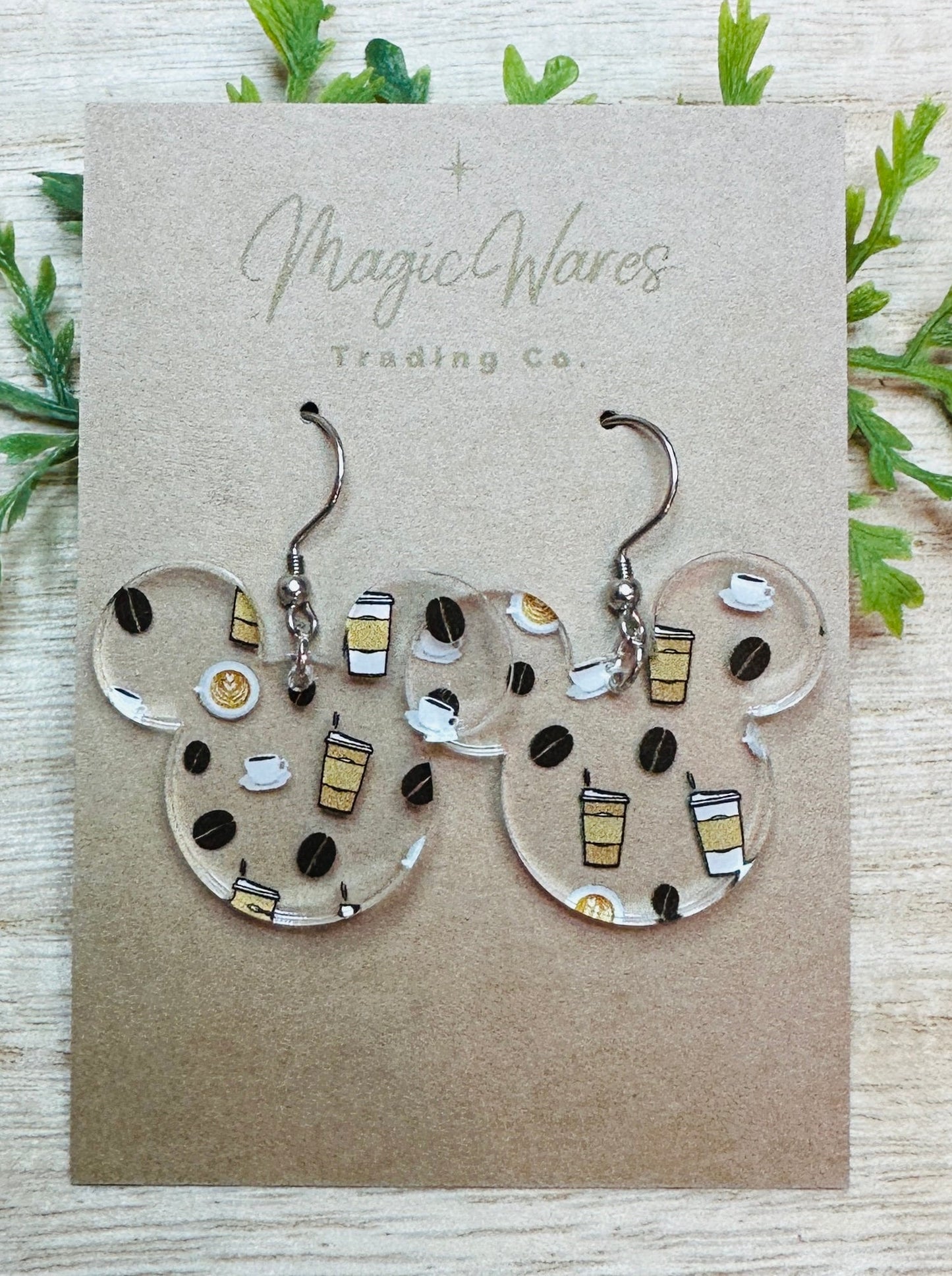 Main Street Coffee Mouse, Laser Cut Dangle Earrings , Coffee patterned Crystal Acrylic Earrings, Dangle Earrings, Coffee earrings