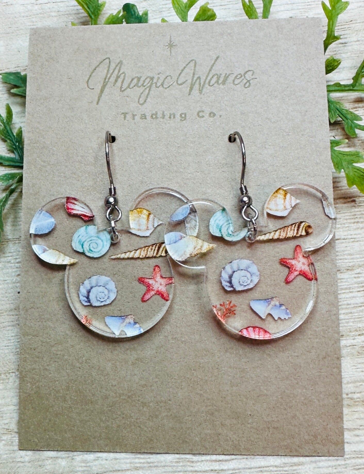 Seashell Mouse, Laser Cut Dangle Earrings , Seashells patterned Crystal Acrylic Earrings, Dangle Earrings, Beach inspired earrings