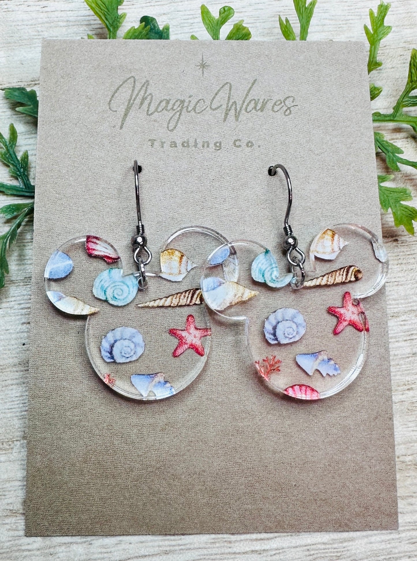 Seashell Mouse, Laser Cut Dangle Earrings , Seashells patterned Crystal Acrylic Earrings, Dangle Earrings, Beach inspired earrings