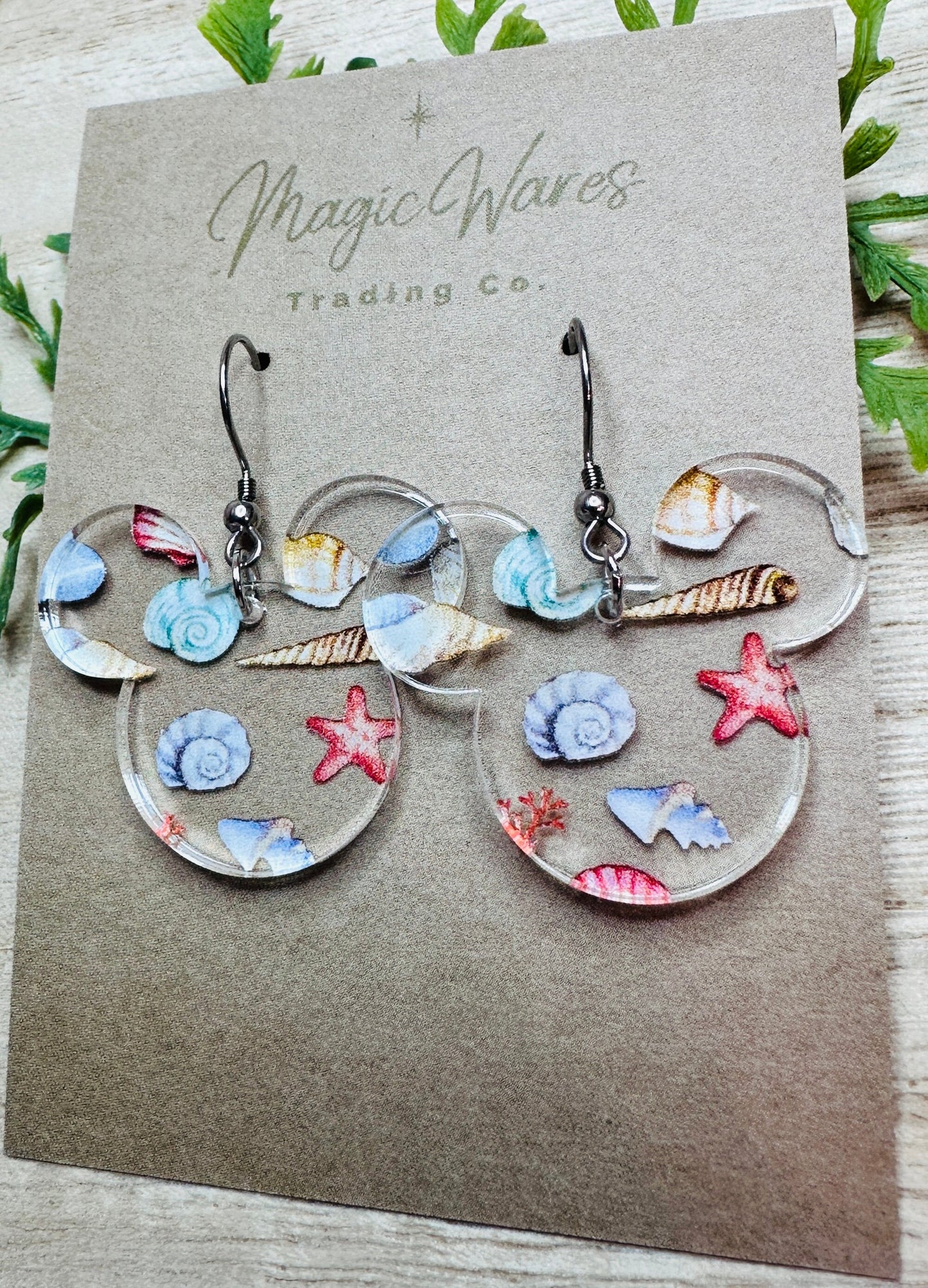 Seashell Mouse, Laser Cut Dangle Earrings , Seashells patterned Crystal Acrylic Earrings, Dangle Earrings, Beach inspired earrings