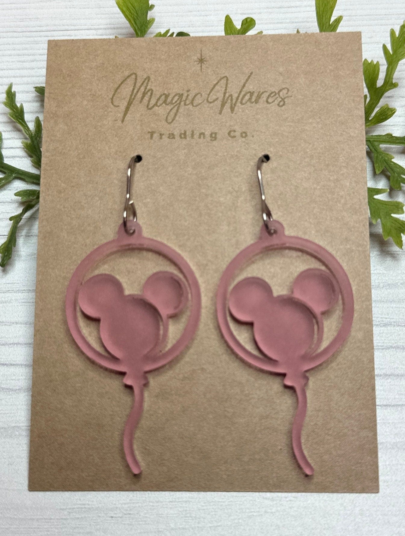 Main Street Balloon, Mouse head shaped balloon, Pink translucent acrylic, Laser cut dangle earring, Park earrings
