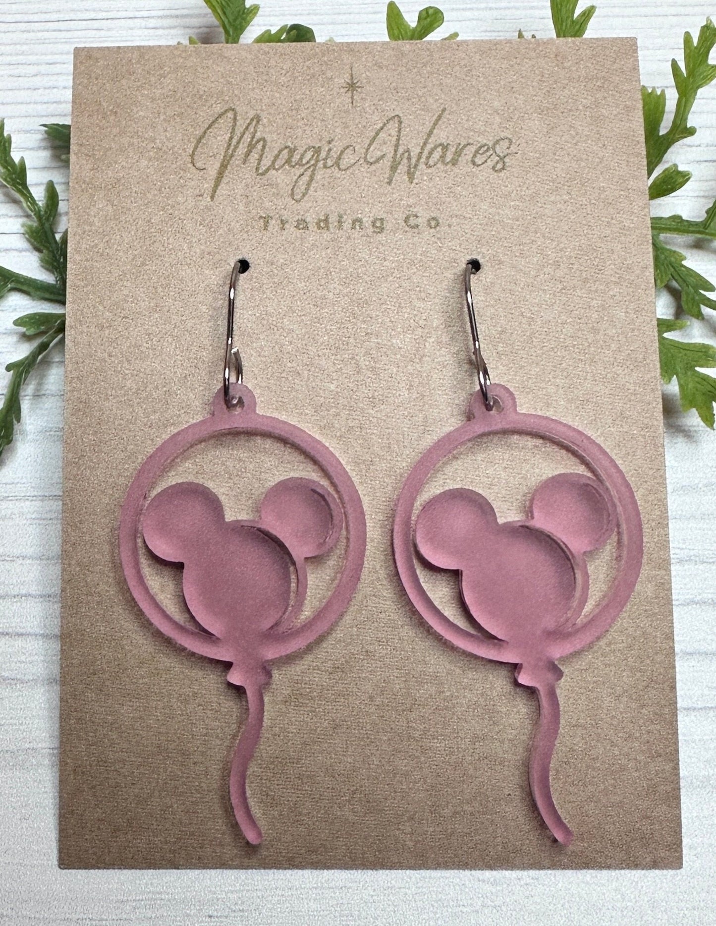 Main Street Balloon, Mouse head shaped balloon, Pink translucent acrylic, Laser cut dangle earring, Park earrings