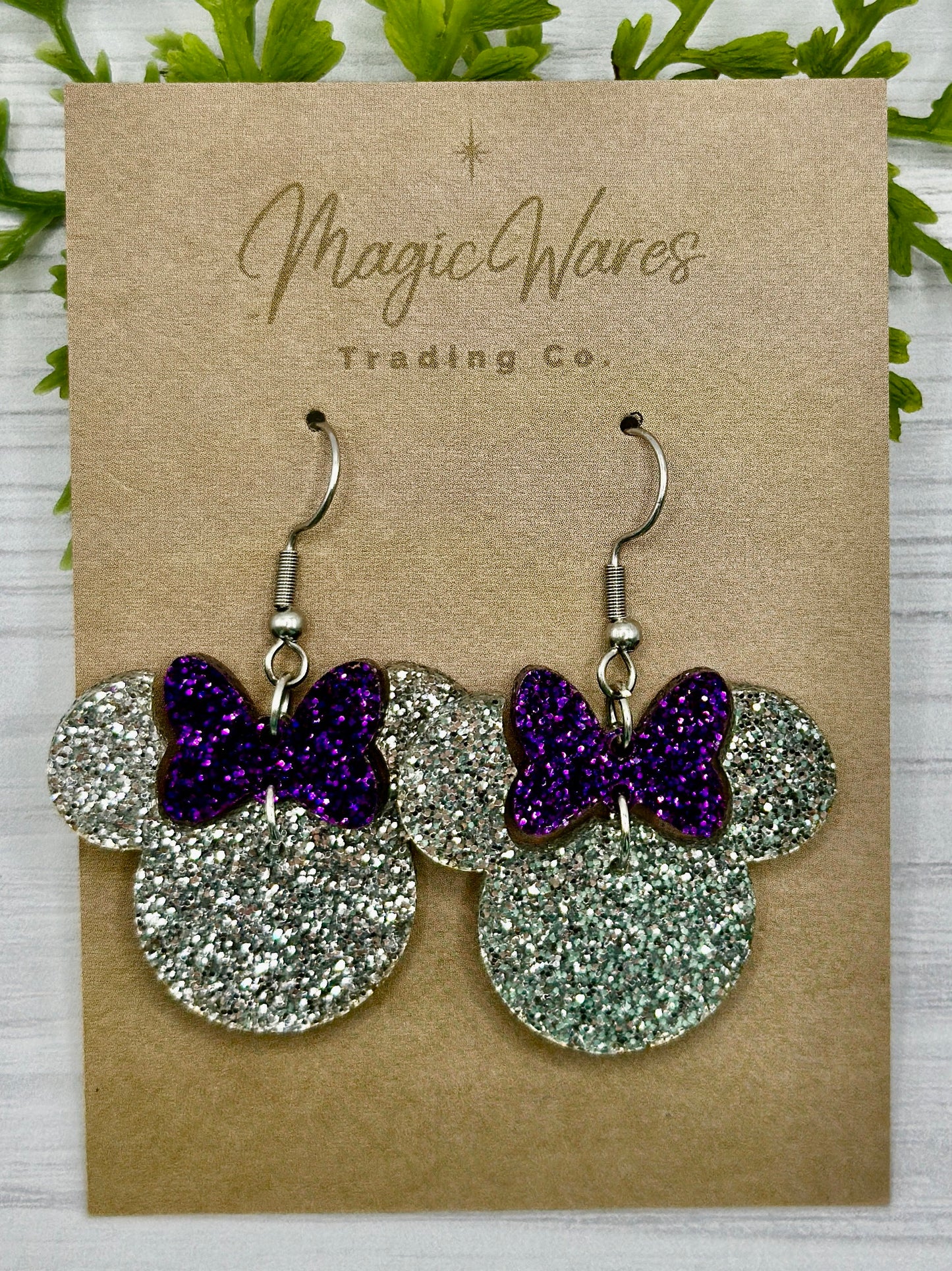 Purple and Platinum Minnie, Purple Glitter Bow Dangle Earrings, Laser cut Silver Glitter Acrylic Earrings, handmade, 100 year anniversary