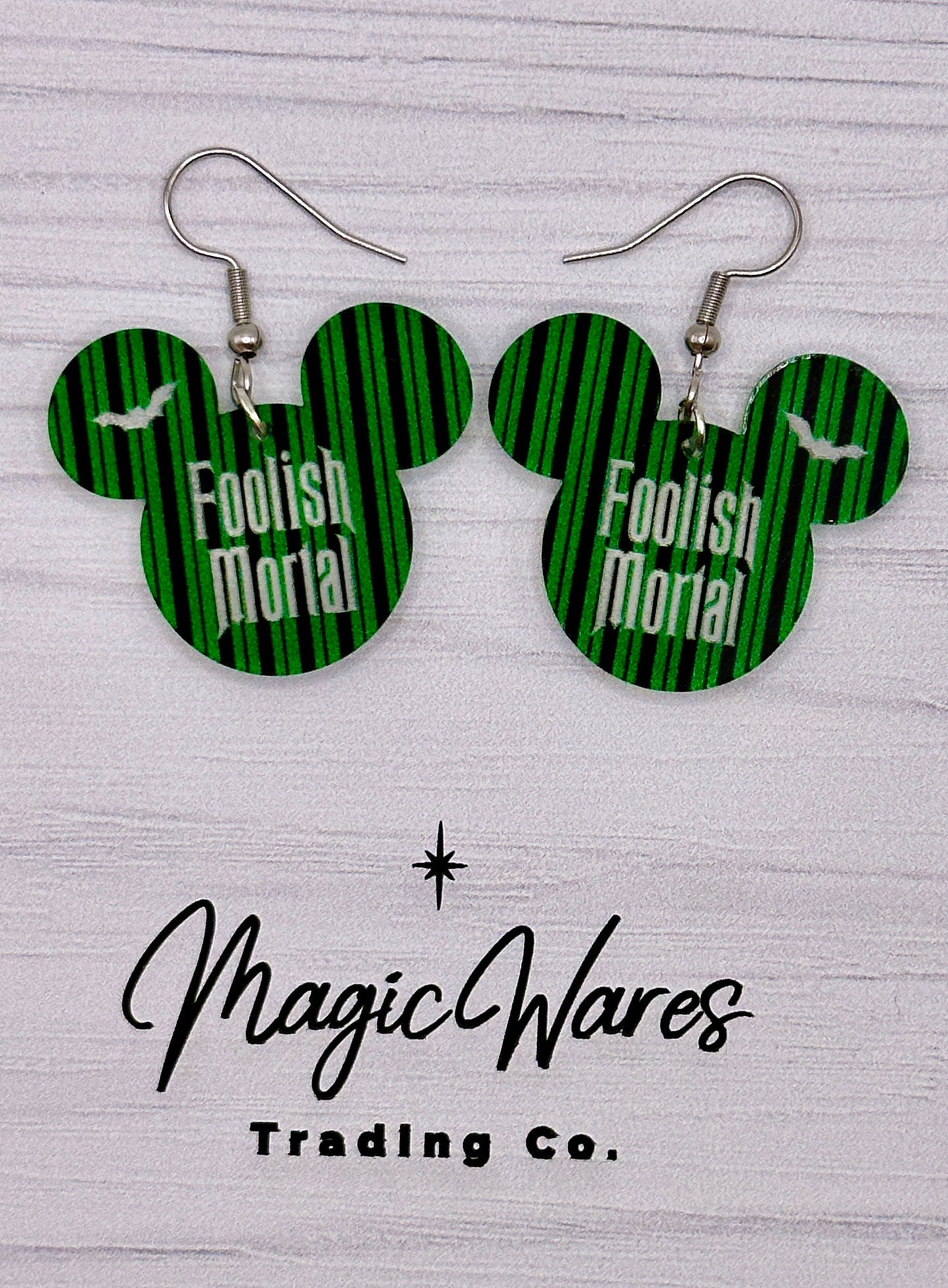 Foolish Mortal Engraved Dangle Earrings, Laser Cut Green and Black Striped patterned Crystal Acrylic Earrings, Dangle Earrings HM inspired