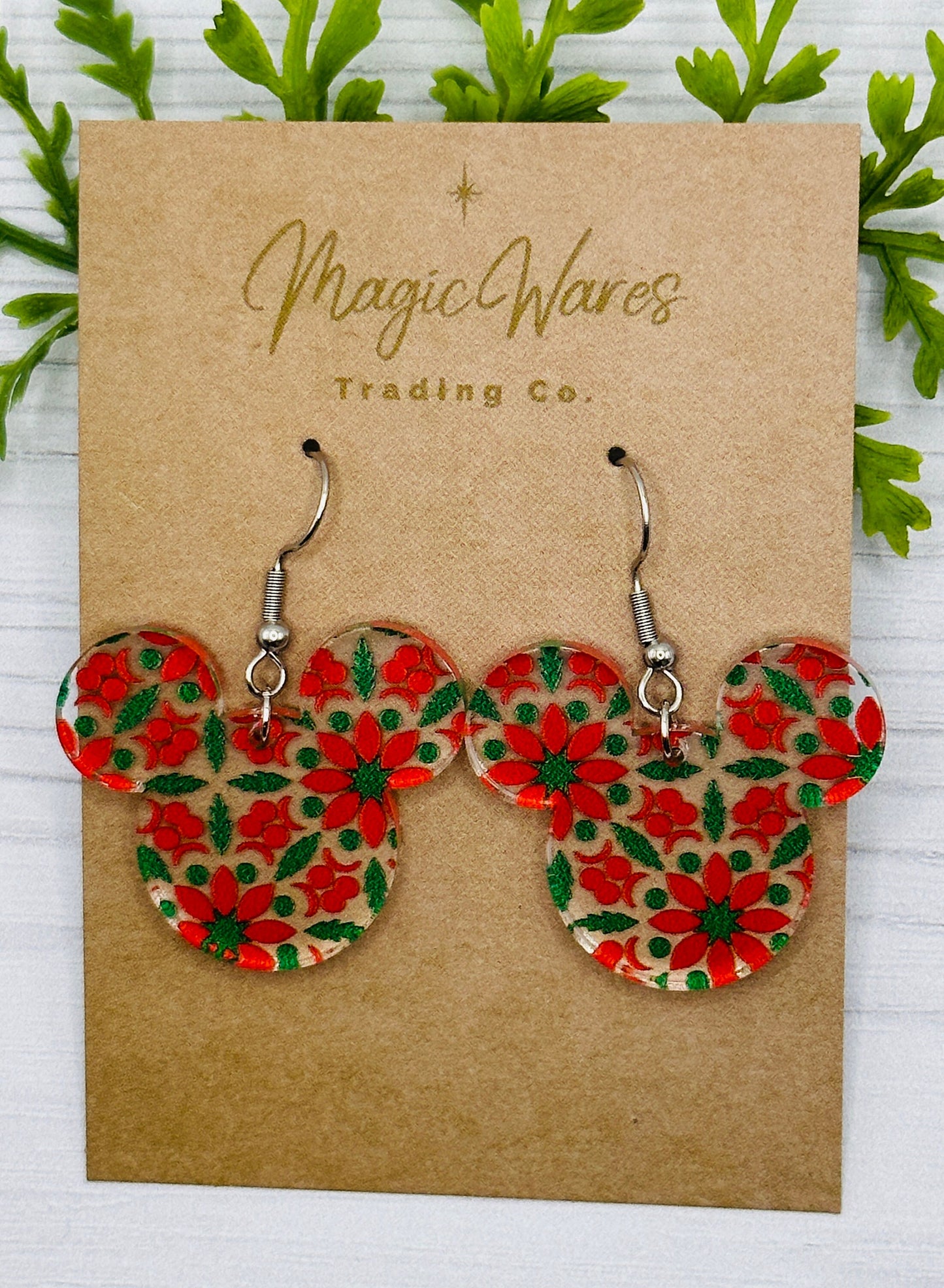 Christmas Poinsettia Mouse, Laser Cut Poinsettia Mandala patterned Crystal Acrylic Earrings, Dangle Earrings, Christmas earrings