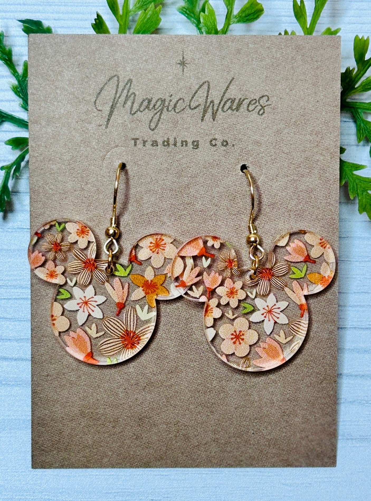 Orange Floral Mouse Earrings, Laser Cut, Orange Peach Floral patterned Crystal Acrylic Earrings, Dangle Earrings, Made to order