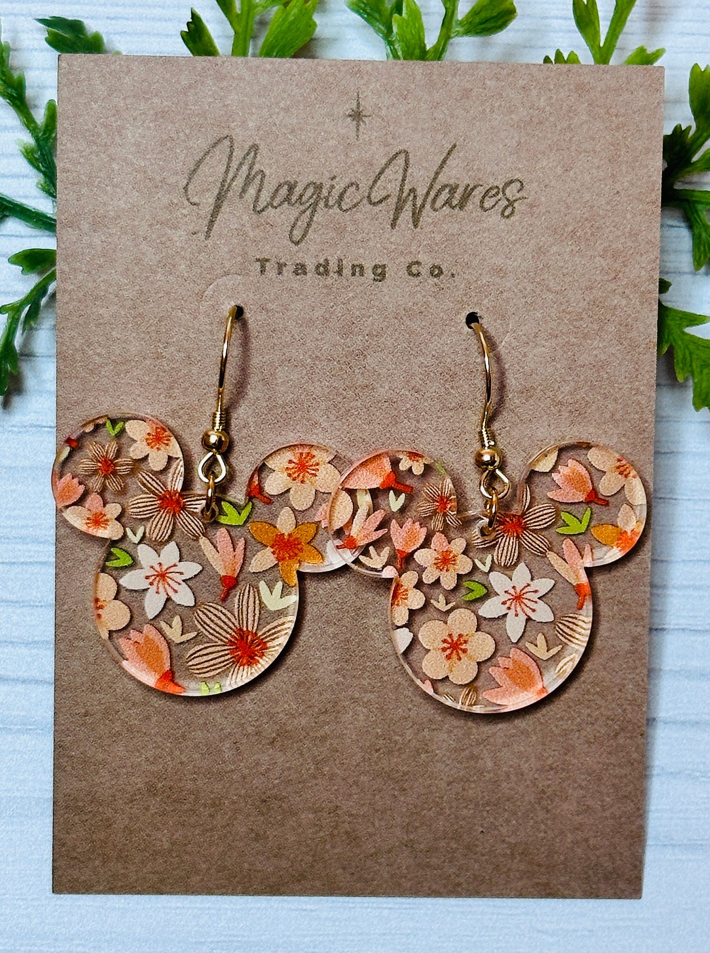 Orange Floral Mouse Earrings, Laser Cut, Orange Peach Floral patterned Crystal Acrylic Earrings, Dangle Earrings, Made to order