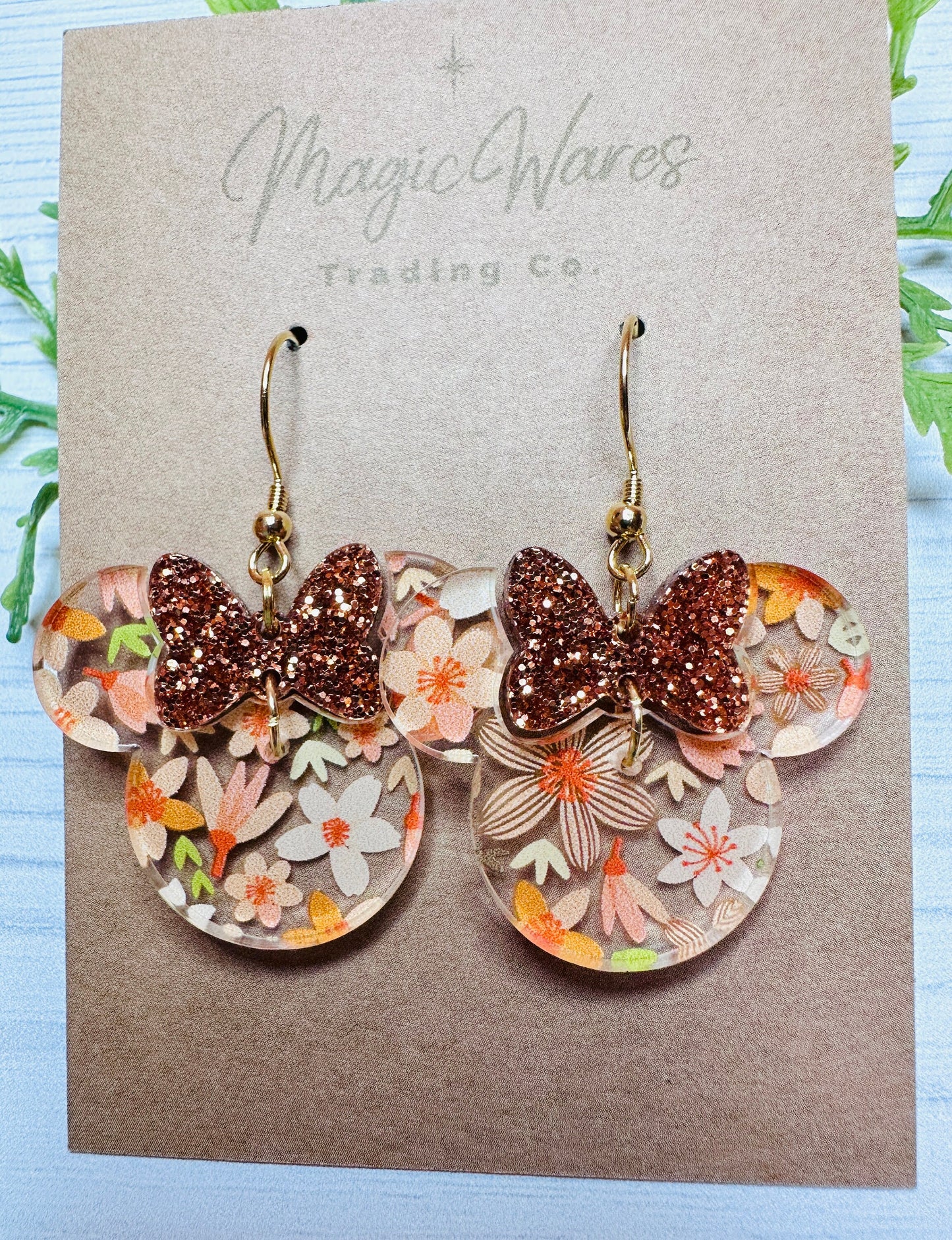 Orange Floral Minnie, Pumpkin Glitter Bow Dangle Earrings, Laser cut Glitter Acrylic Earrings Handmade Orange Floral Earrings
