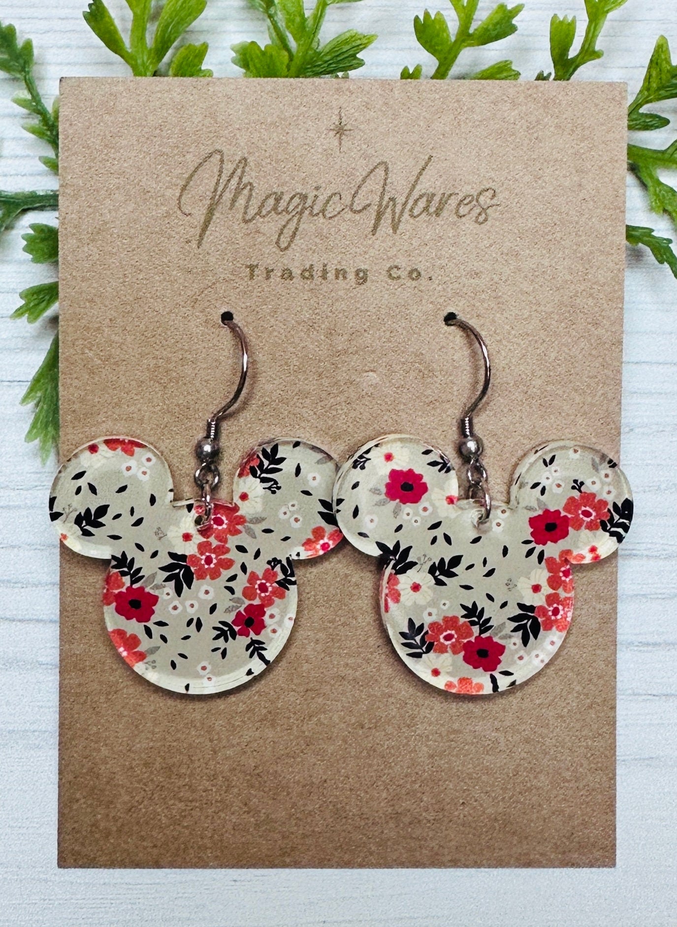 Gray Fall Floral Mouse Earrings Laser Cut Light Gray and Floral patterned Crystal Acrylic Earrings, Dangle Earrings Fall Earrings