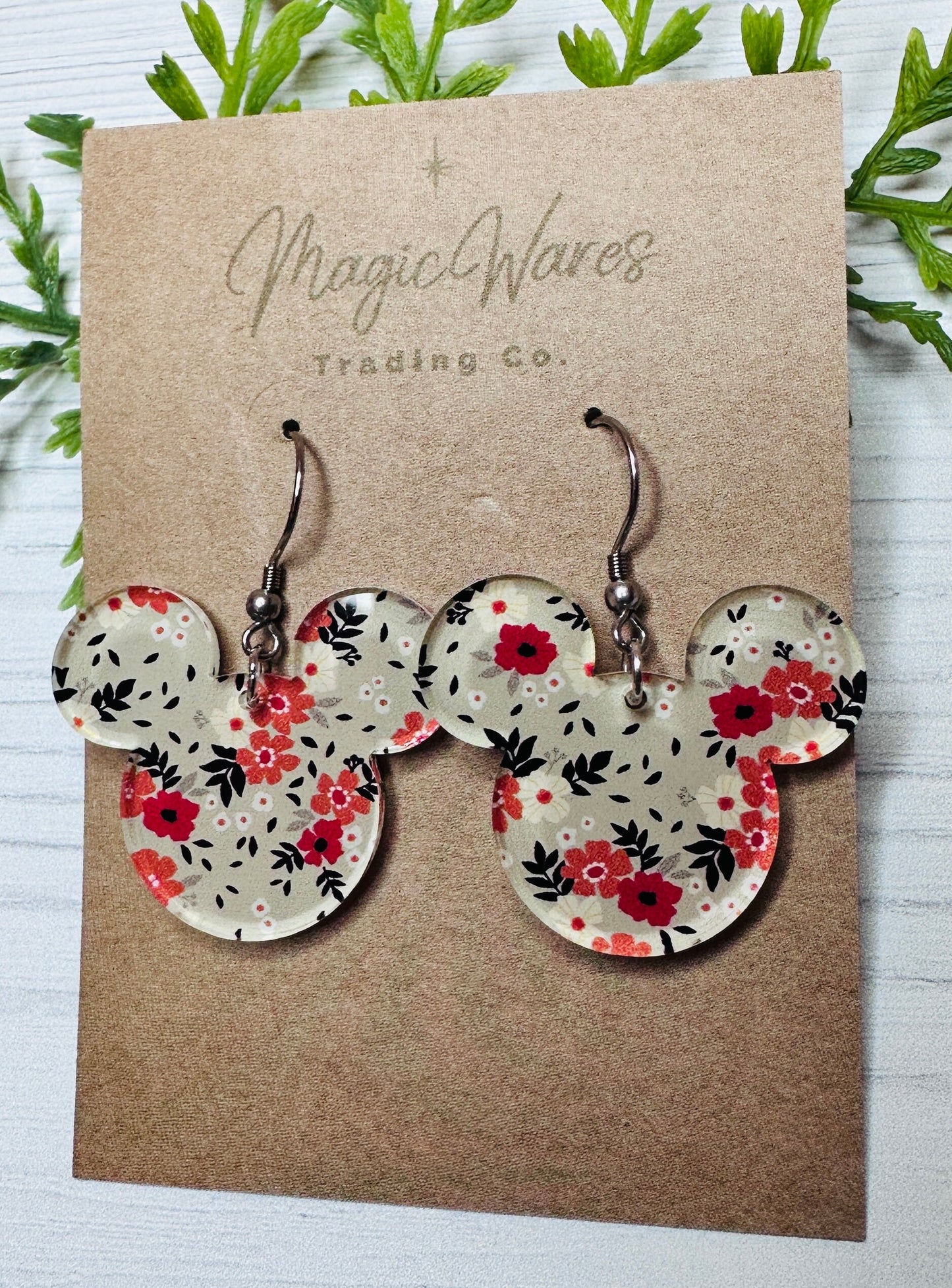 Gray Fall Floral Mouse Earrings Laser Cut Light Gray and Floral patterned Crystal Acrylic Earrings, Dangle Earrings Fall Earrings