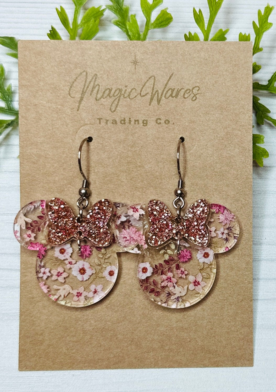 Rose Floral with Rose Gold glitter Bow, Glitter Bow Dangle Earrings, Laser cut Glitter Acrylic Earrings Handmade Pink Floral Earrings