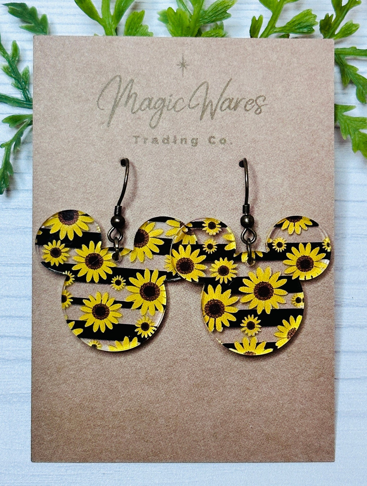 Sunflower Stripe Mouse Earrings Laser Cut Sunflower with Black stripe patterned Crystal Acrylic Earrings, Dangle Earrings Fall Earrings