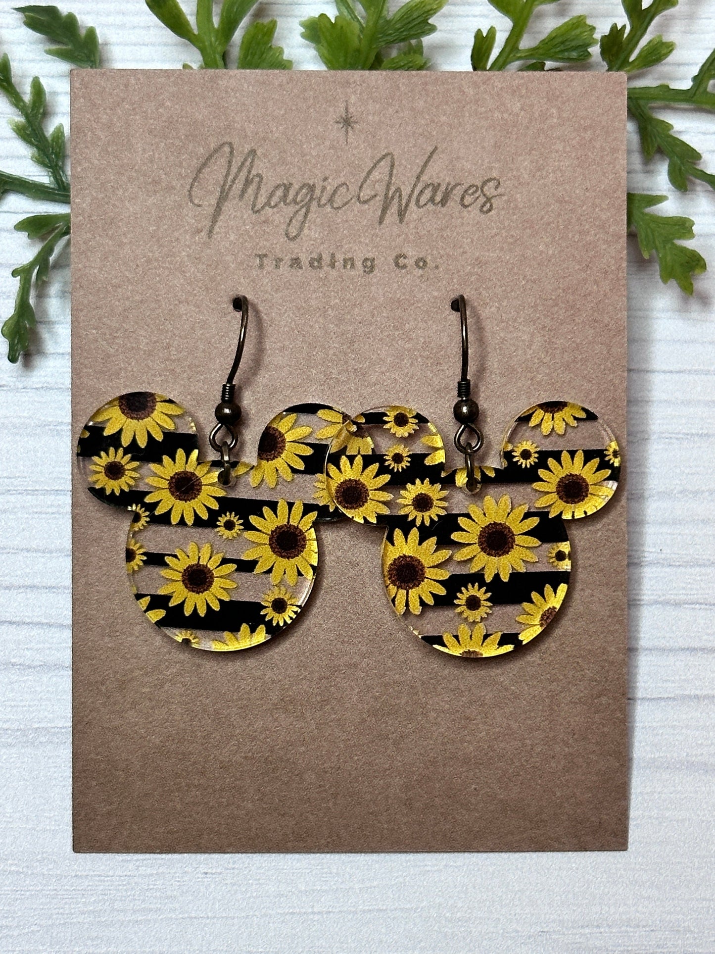 Sunflower Stripe Mouse Earrings Laser Cut Sunflower with Black stripe patterned Crystal Acrylic Earrings, Dangle Earrings Fall Earrings