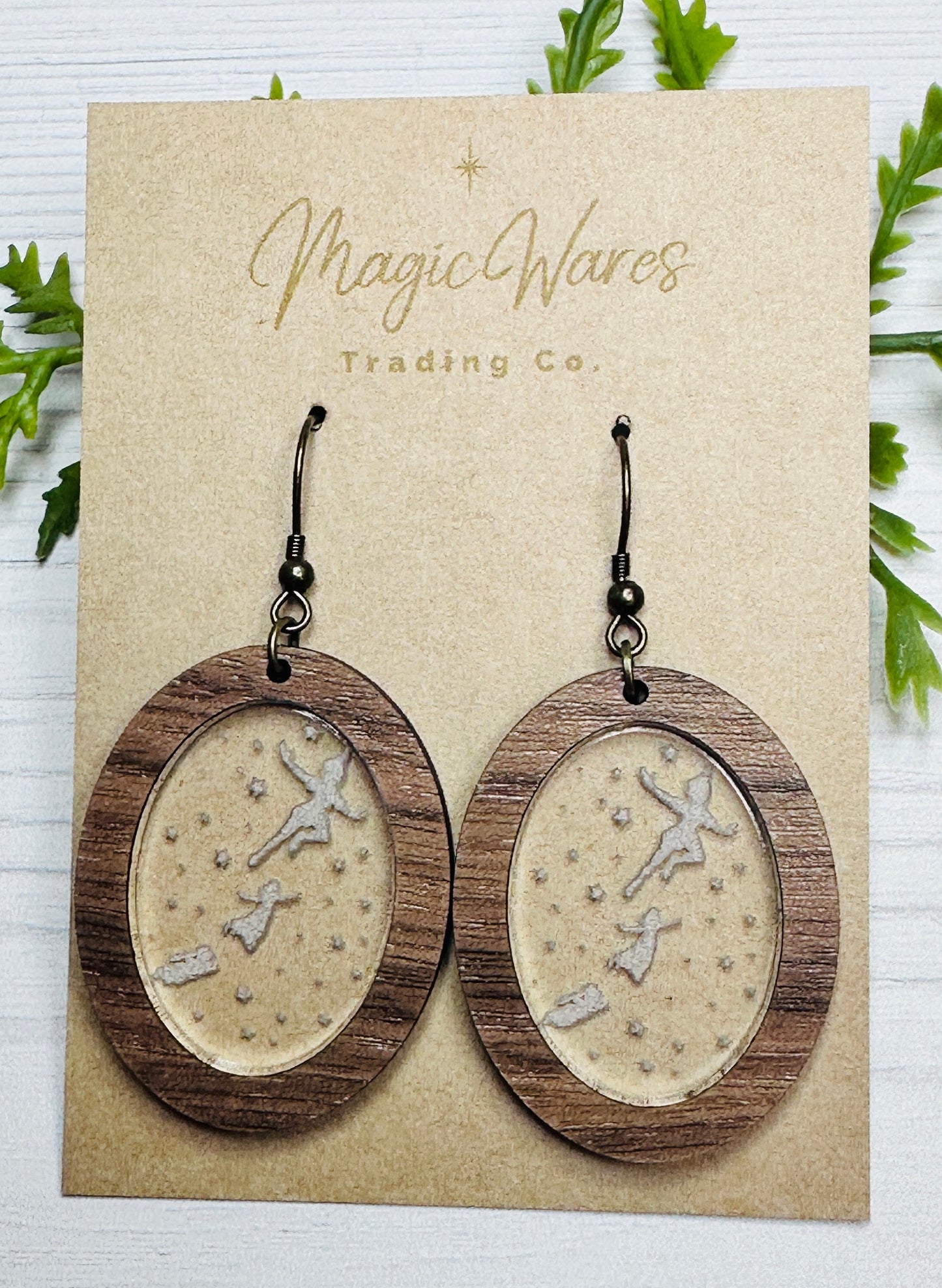 You Can Fly, Laser Cut Walnut Wood and Engraved Acrylic Dangle Earrings, Made to order wood and acrylic earrings