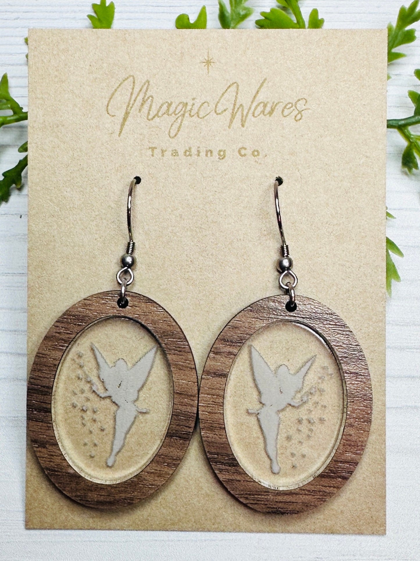 Pixie Dangle Earring Laser Cut Hardwood Engraved Crystal Acrylic Dangle Earrings Tinkerbell inspired earrings