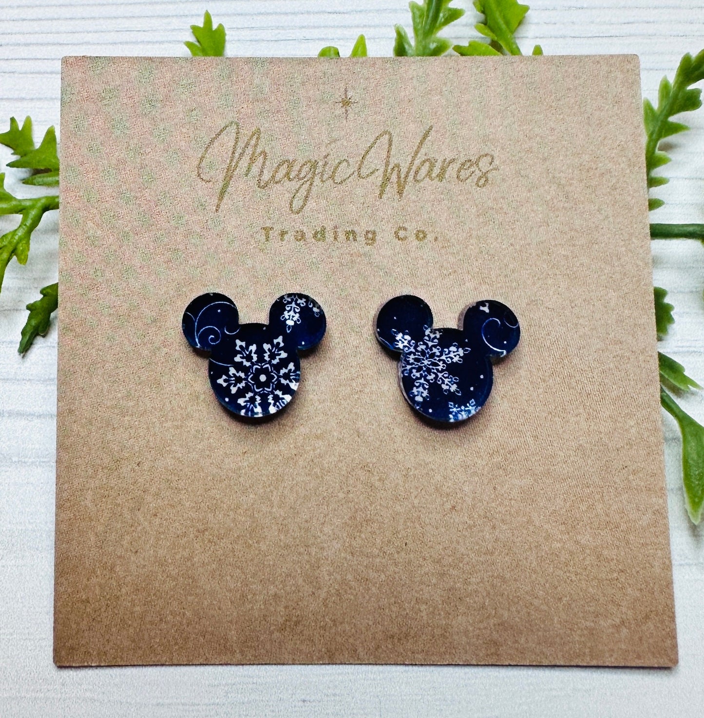 Blue and White Snowflakes stud earrings, Navy blue pattern crystal acrylic laser cut post earrings, Christmas Earrings Winter Earrings