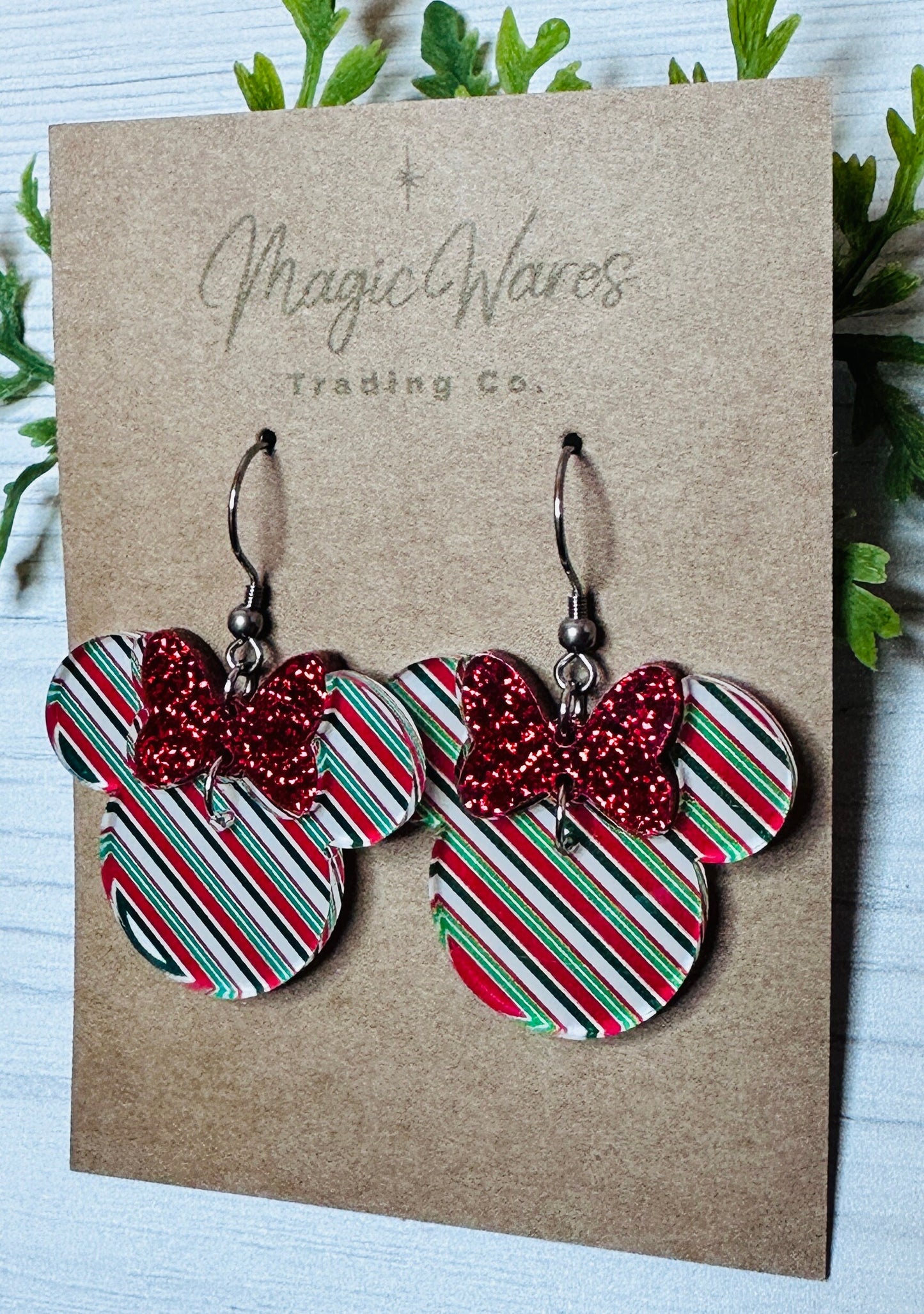 Green Candy Stripe Red Glitter Minnie Bow Earrings Laser cut Pattern Acrylic Earrings Christmas Earrings Very Merry Christmas Party earrings