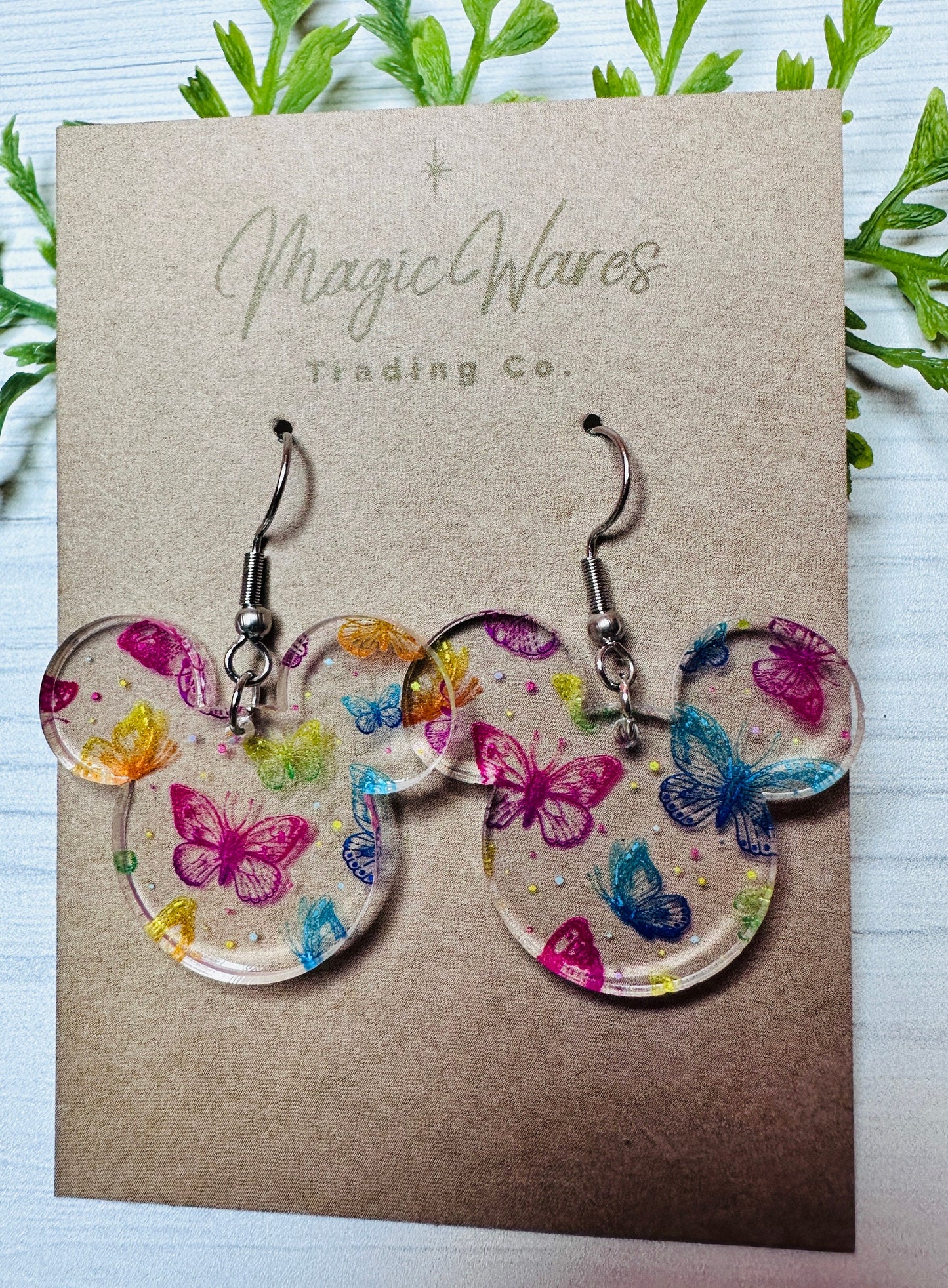 Rainbow Butterfly, Laser Cut Mousehead Dangle Earrings Butterfly patterned Crystal Acrylic Earrings, Dangle Earrings, Handmade Earrings