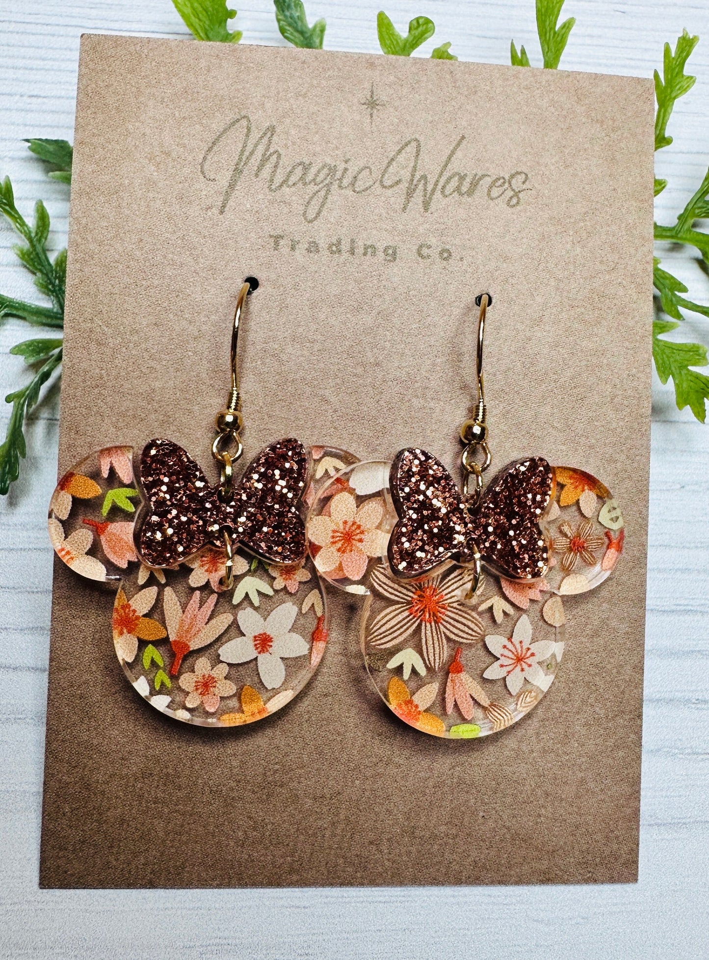Orange Floral Minnie, Pumpkin Glitter Bow Dangle Earrings, Laser cut Glitter Acrylic Earrings Handmade Orange Floral Earrings