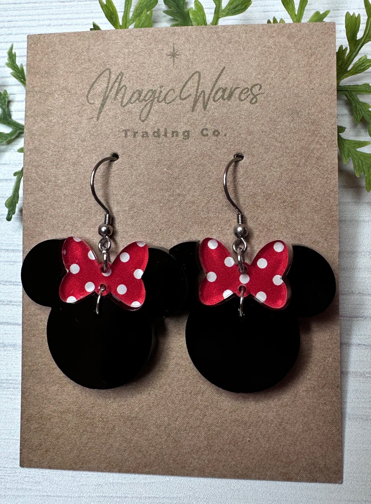 Polka Dot Minnie Bow Dangle Earrings, Laser cut Black Acrylic Earrings handmade polk dot bow black earrings