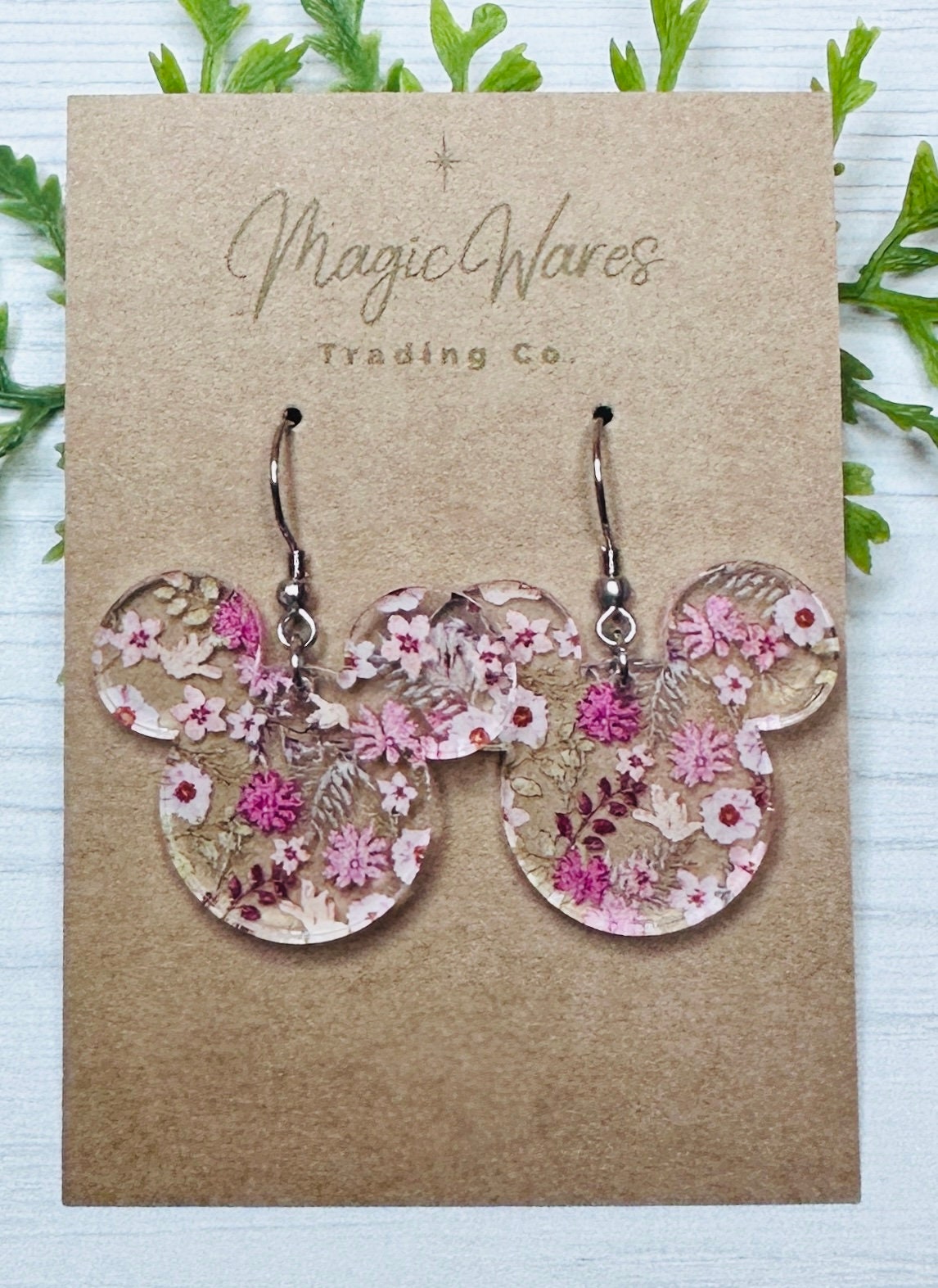 Rose Floral Mouse Earrings, Laser Cut, Pink Floral patterned Crystal Acrylic Earrings, Dangle Earrings Handmade earrings