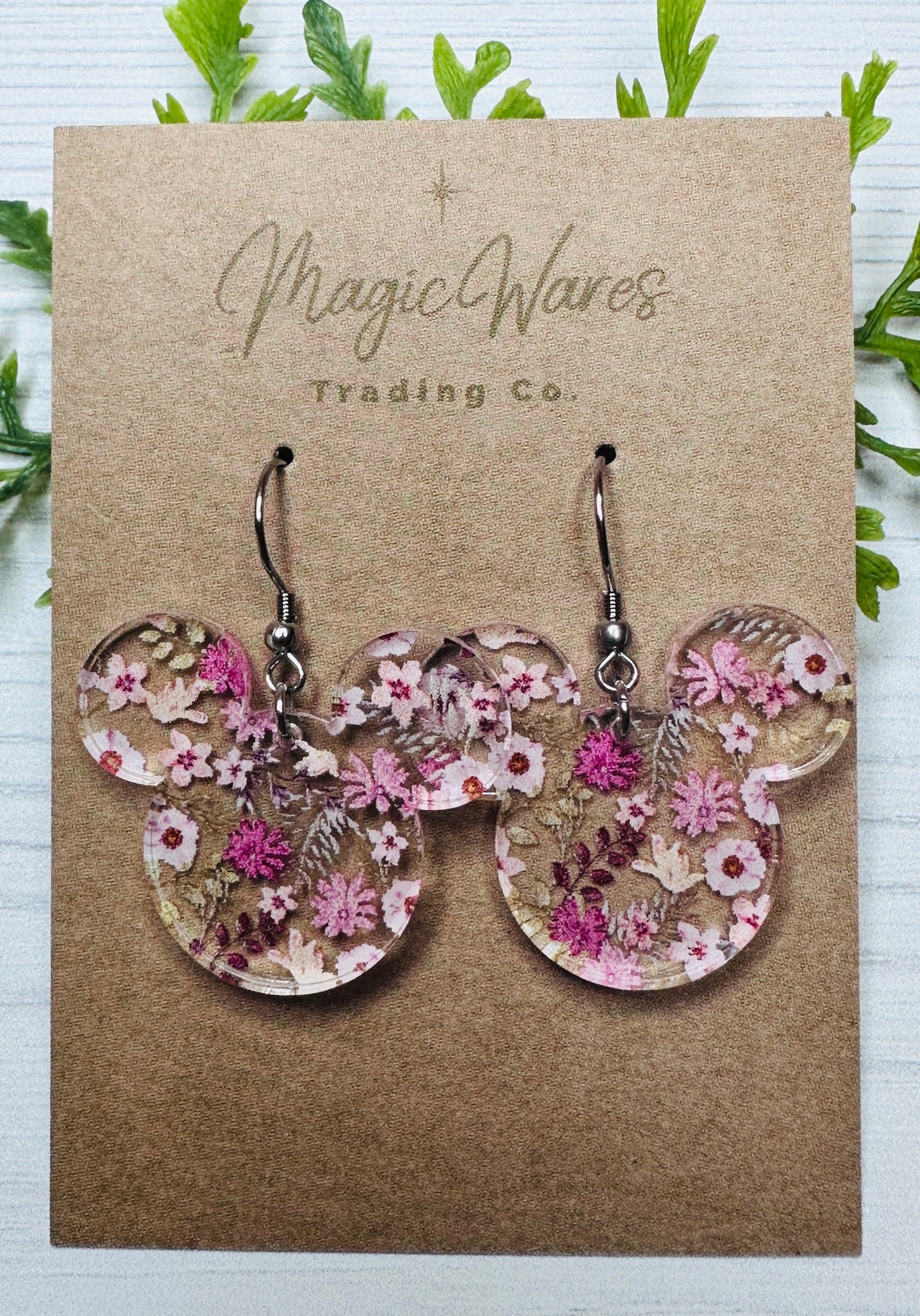 Rose Floral Mouse Earrings, Laser Cut, Pink Floral patterned Crystal Acrylic Earrings, Dangle Earrings Handmade earrings